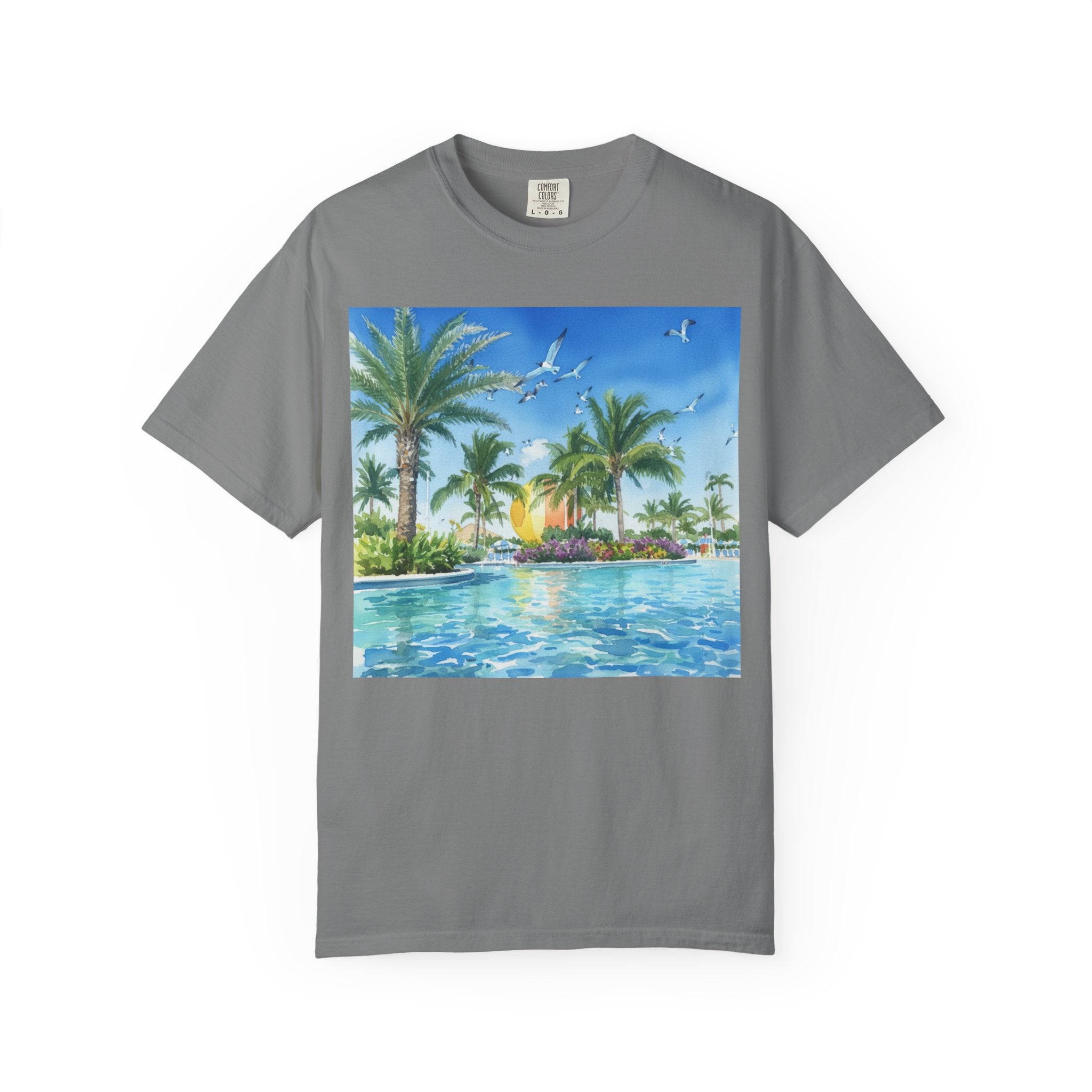 Tropical Poolside T-Shirt — Palm Trees & Sunset Swim Graphic Tee