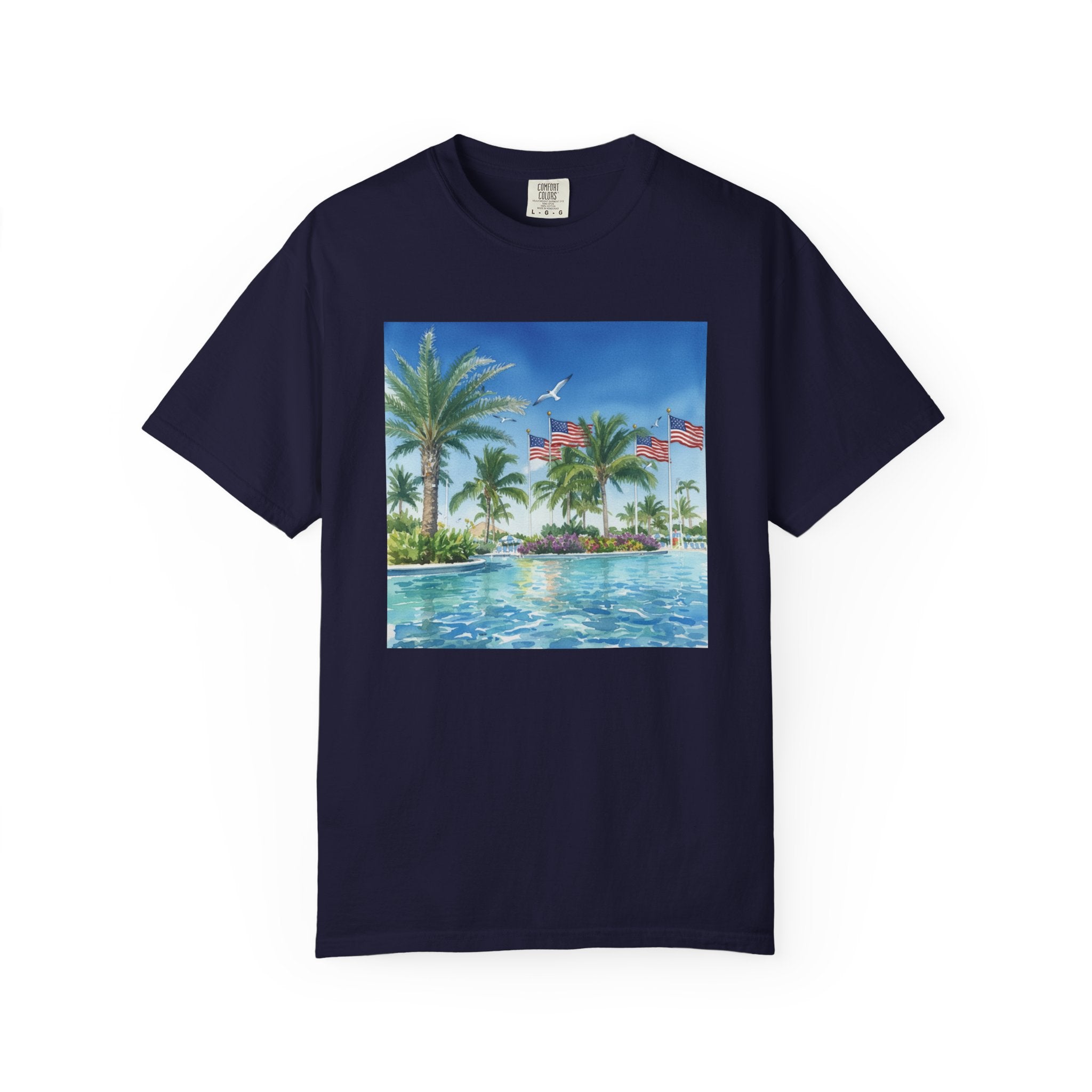 Tropical Pool Paradise T-Shirt — Palm Trees & Flags Summer Graphic Tee