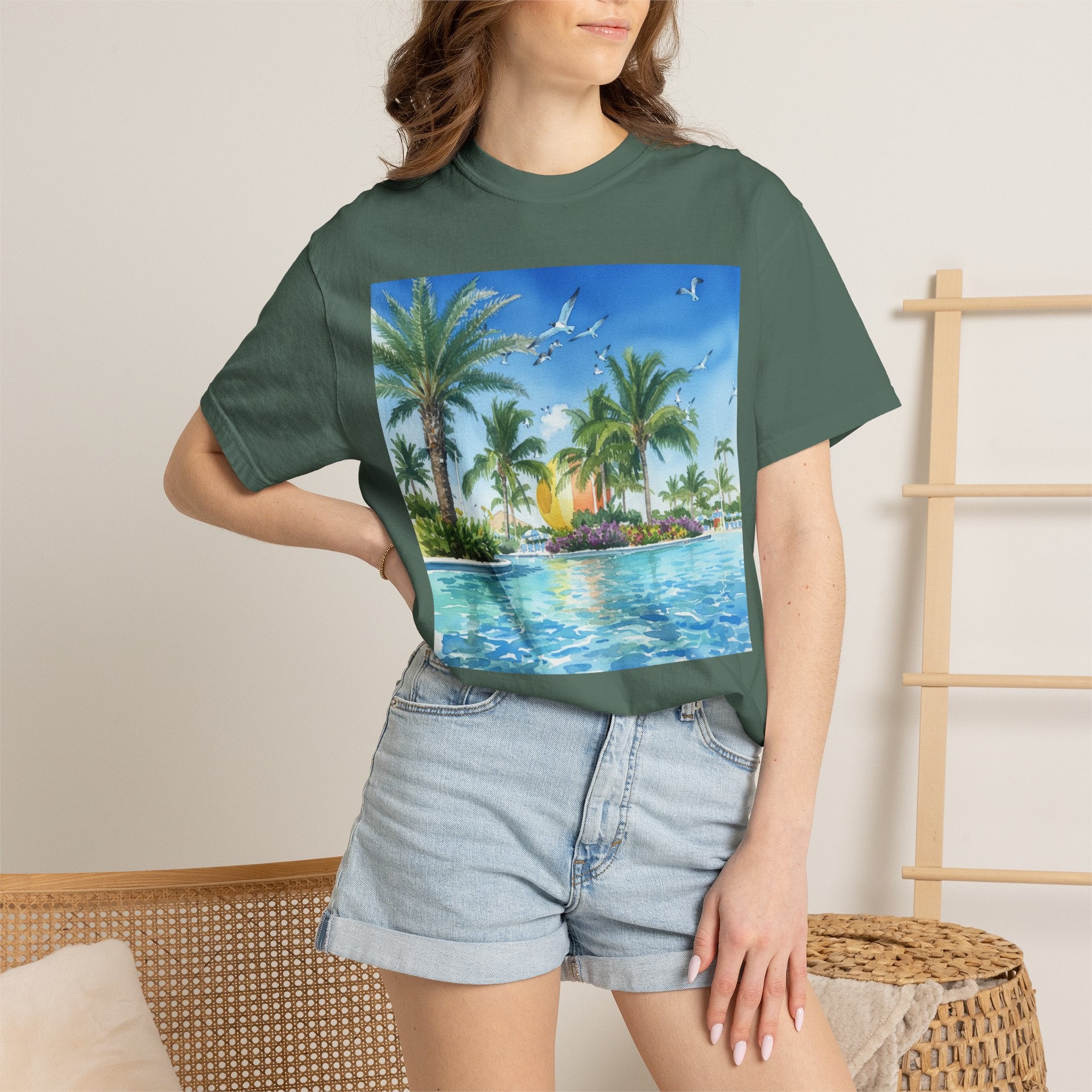 Tropical Poolside T-Shirt — Palm Trees & Sunset Swim Graphic Tee