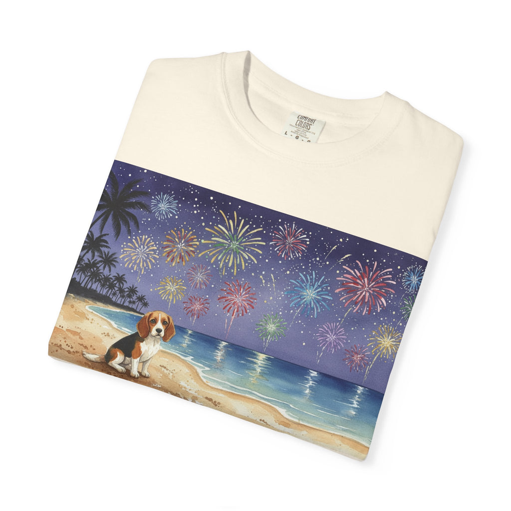 Beach Night Fireworks T‑Shirt with Dog Scene — Summer Holiday Tee