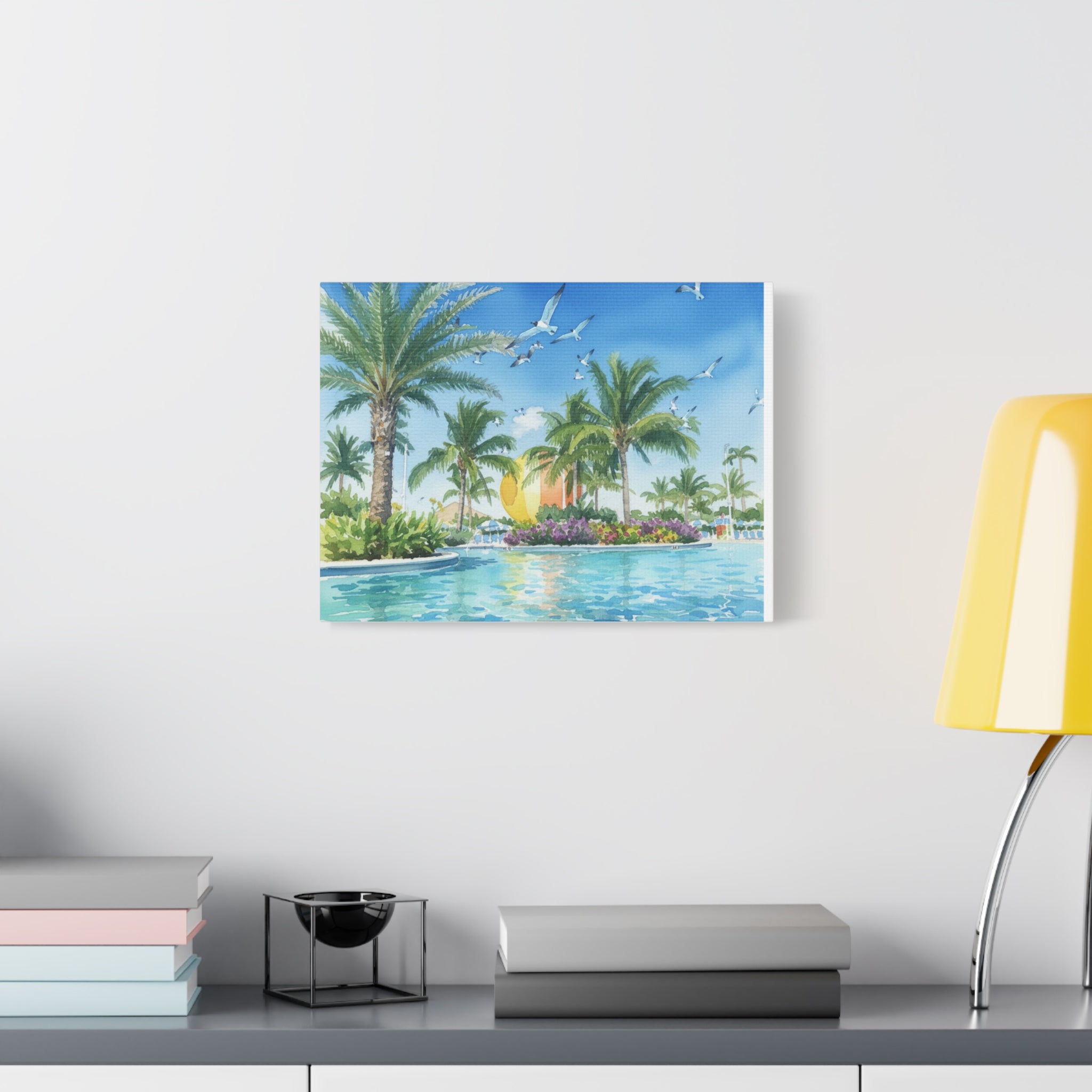 Tropical Beach Canvas Wall Art — Palm Trees, Seagulls & Sunset Pool Scene