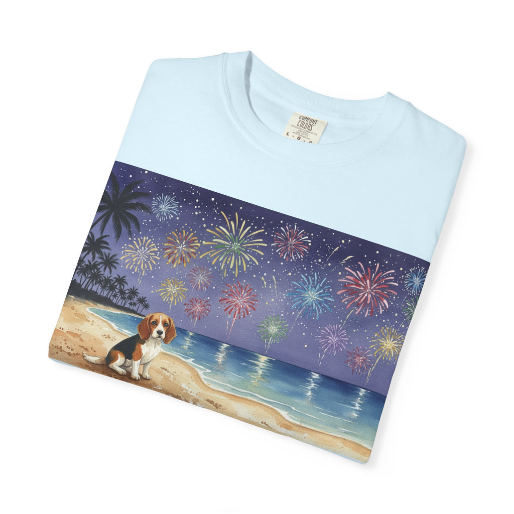 Beach Night Fireworks T‑Shirt with Dog Scene — Summer Holiday Tee