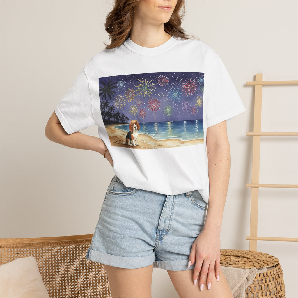 Beach Night Fireworks T‑Shirt with Dog Scene — Summer Holiday Tee