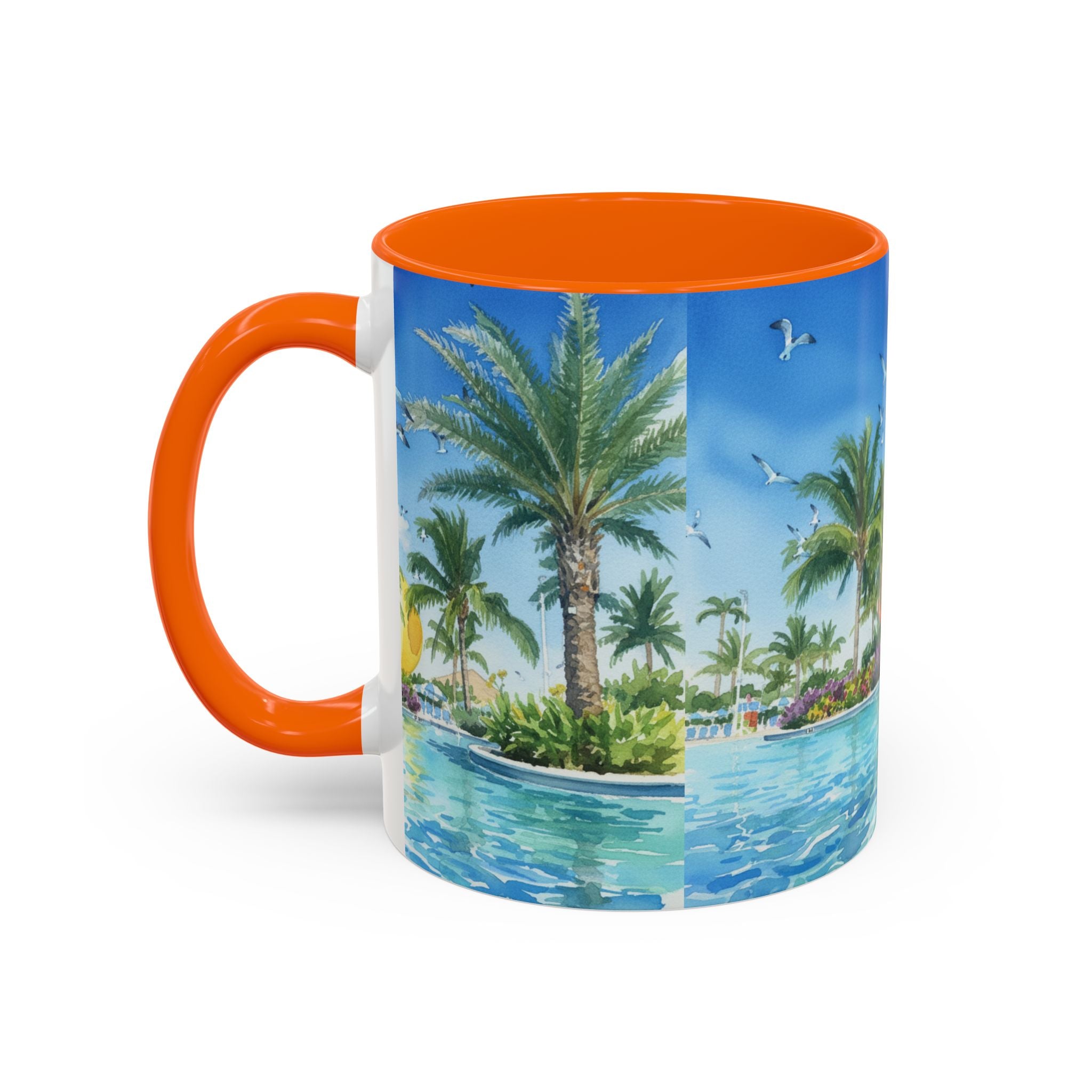Tropical Palm Beach Coffee Mug — Sunset Seagulls Accent Mug (11/15oz)