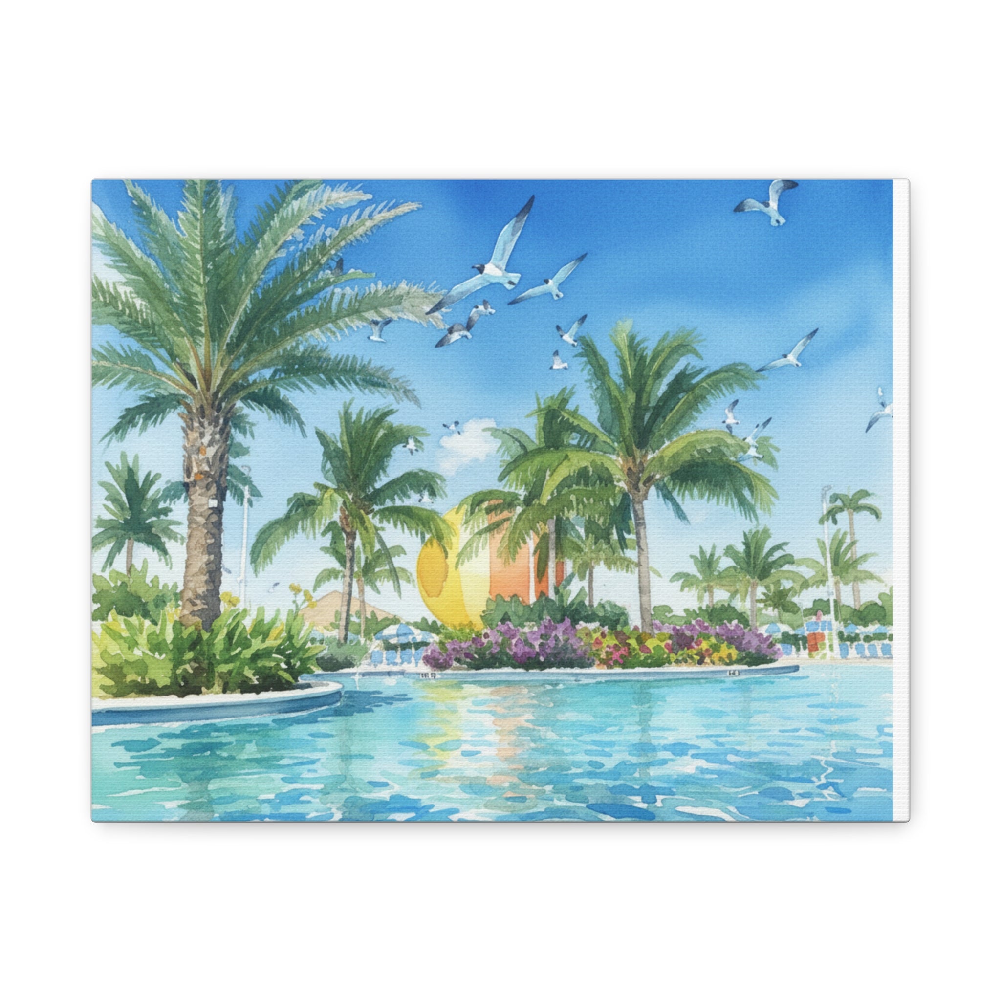 Tropical Beach Canvas Wall Art — Palm Trees, Seagulls & Sunset Pool Scene