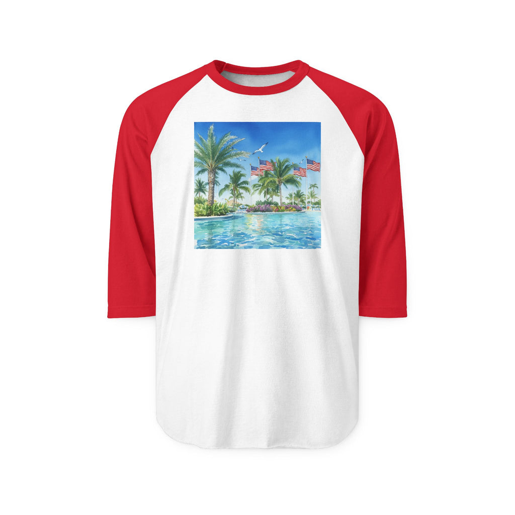Tropical Poolside Raglan Shirt — Palm Trees & American Flag Beach Design