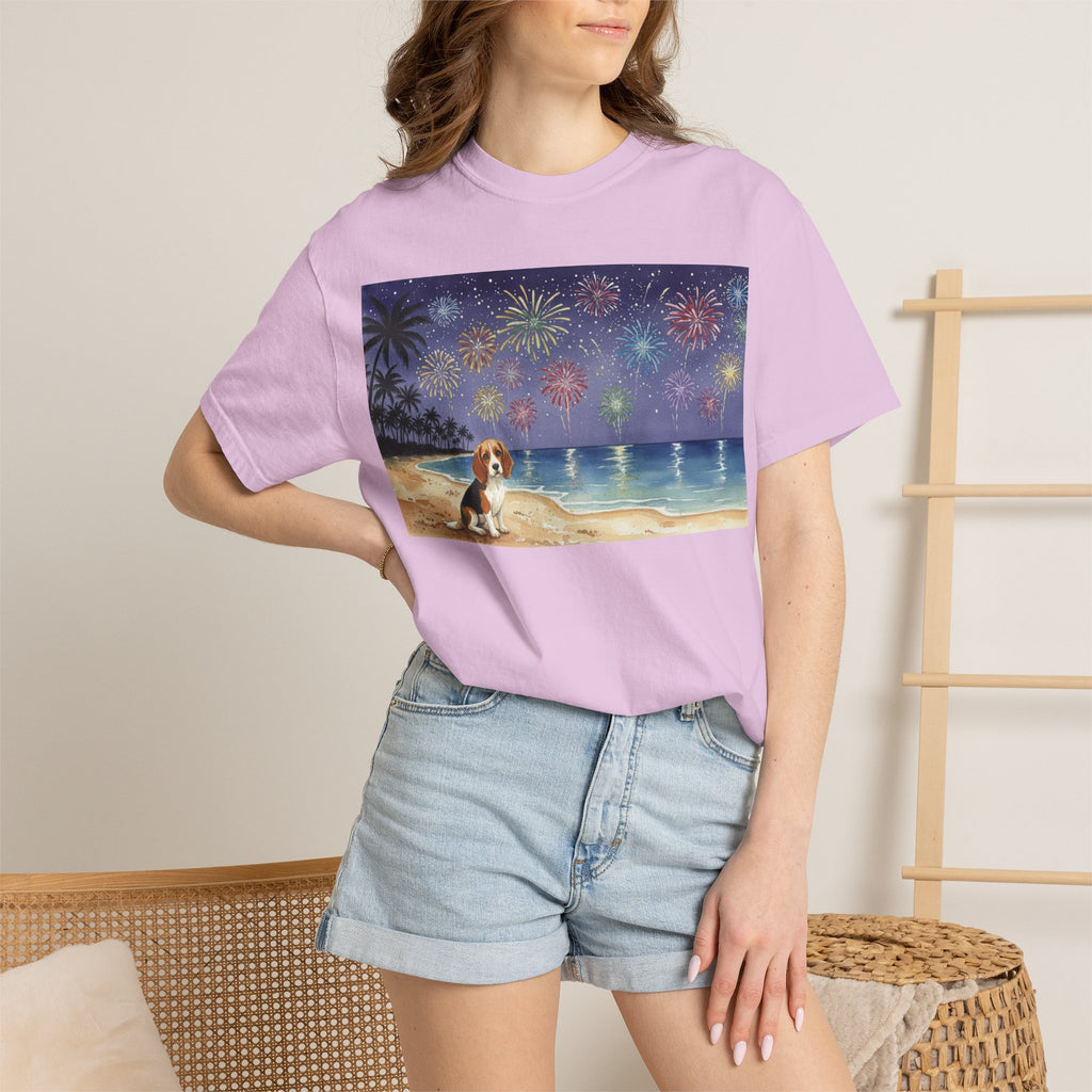 Beach Night Fireworks T‑Shirt with Dog Scene — Summer Holiday Tee