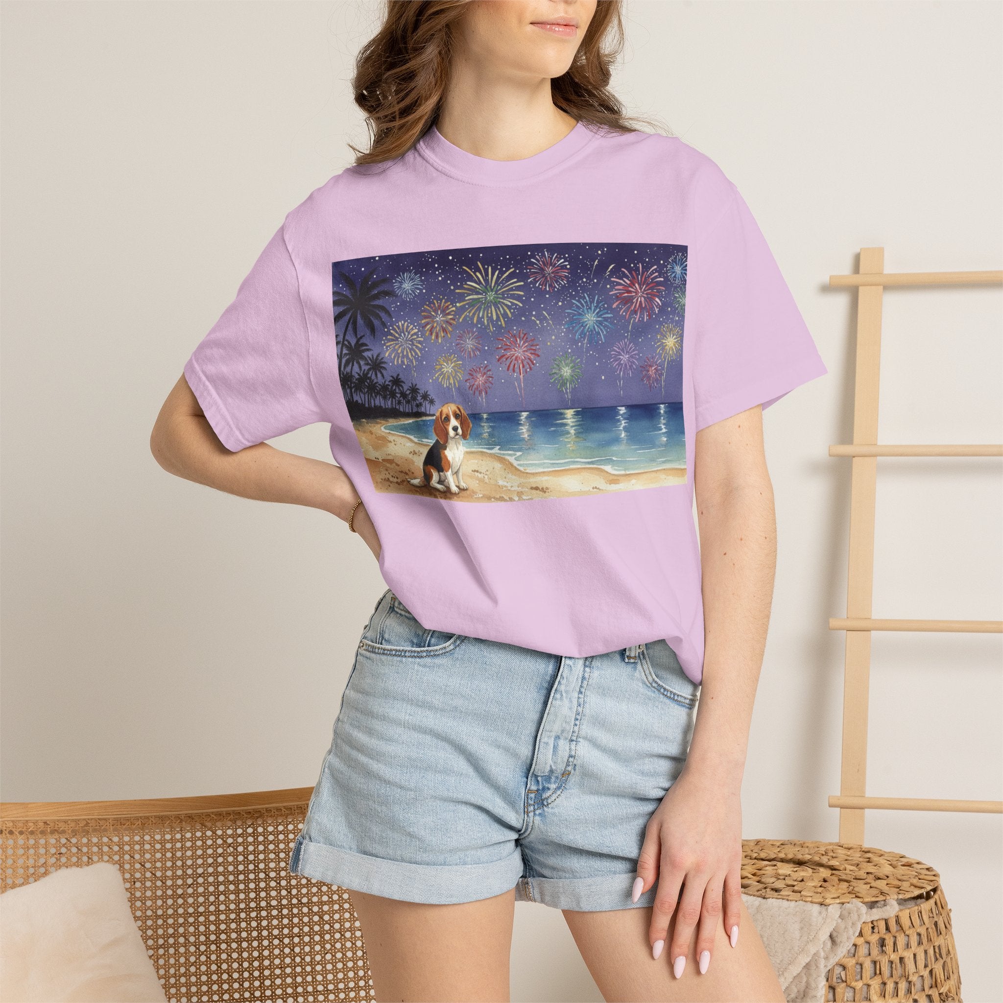 Beach Night Fireworks T‑Shirt with Dog Scene — Summer Holiday Tee