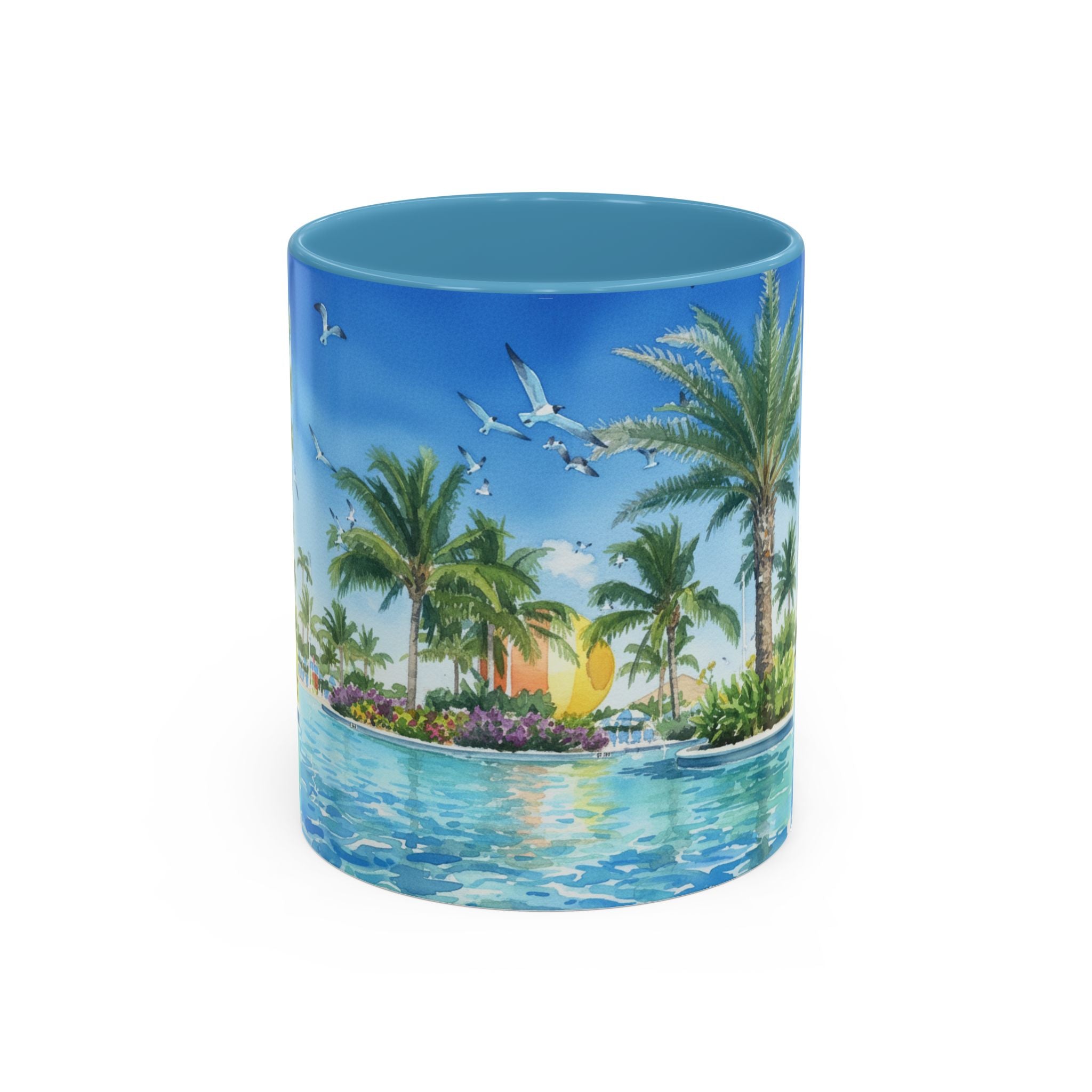 Tropical Palm Beach Coffee Mug — Sunset Seagulls Accent Mug (11/15oz)
