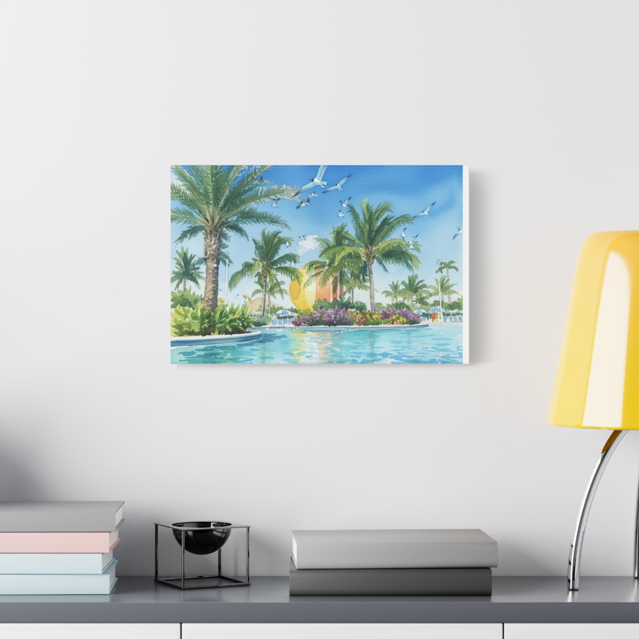 Tropical Beach Canvas Wall Art — Palm Trees, Seagulls & Sunset Pool Scene