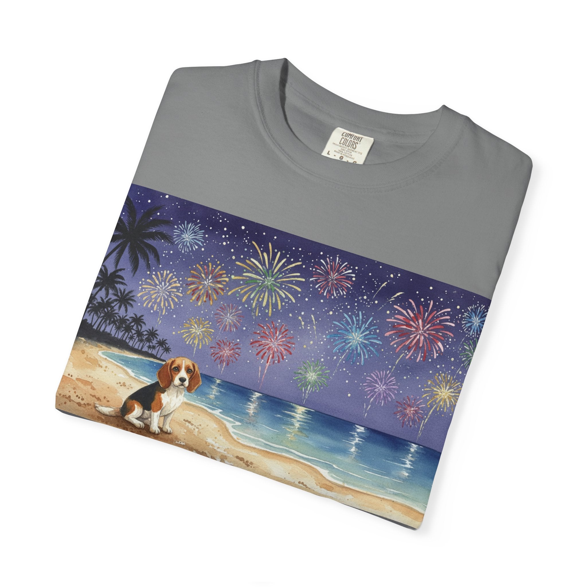 Beach Night Fireworks T‑Shirt with Dog Scene — Summer Holiday Tee