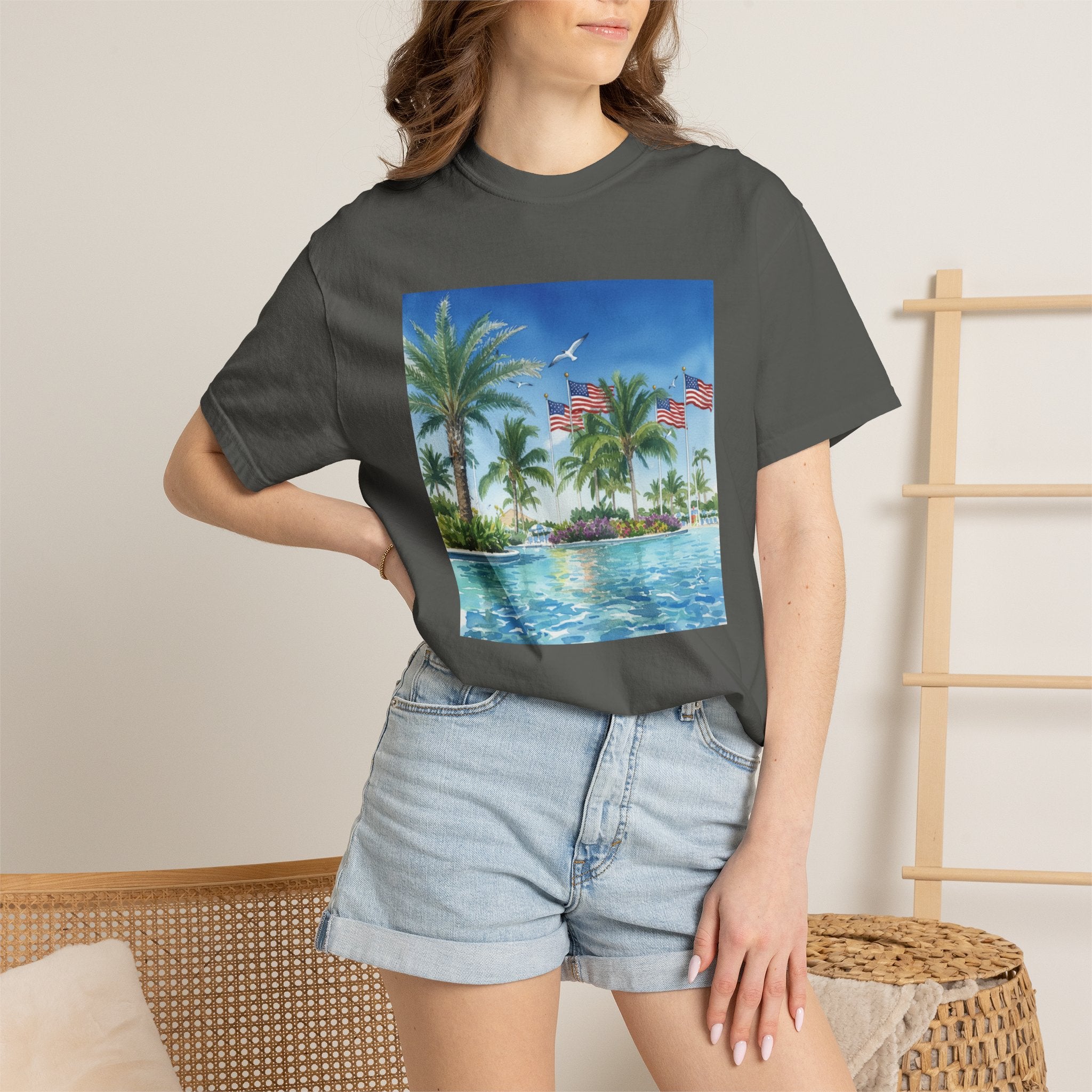 Tropical Pool Paradise T-Shirt — Palm Trees & Flags Summer Graphic Tee