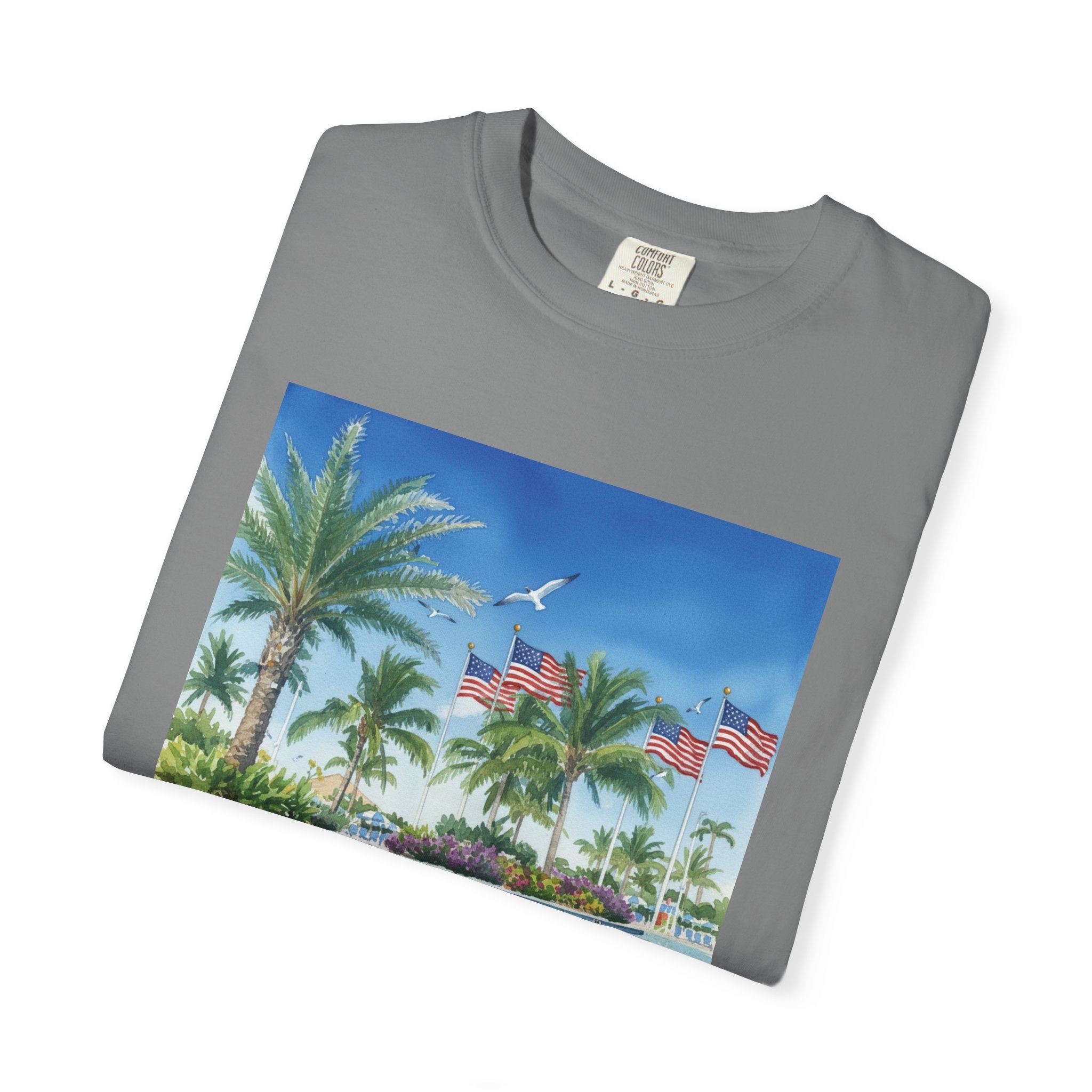 Tropical Pool Paradise T-Shirt — Palm Trees & Flags Summer Graphic Tee