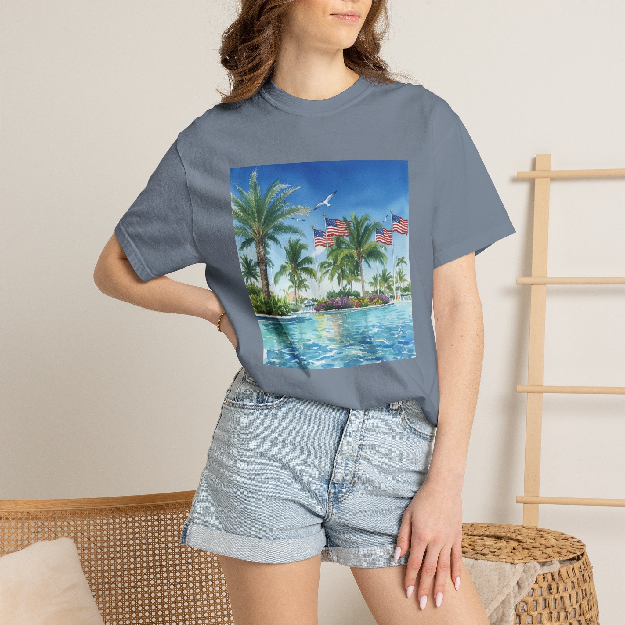 Tropical Pool Paradise T-Shirt — Palm Trees & Flags Summer Graphic Tee