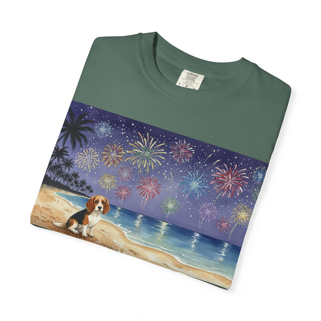 Beach Night Fireworks T‑Shirt with Dog Scene — Summer Holiday Tee