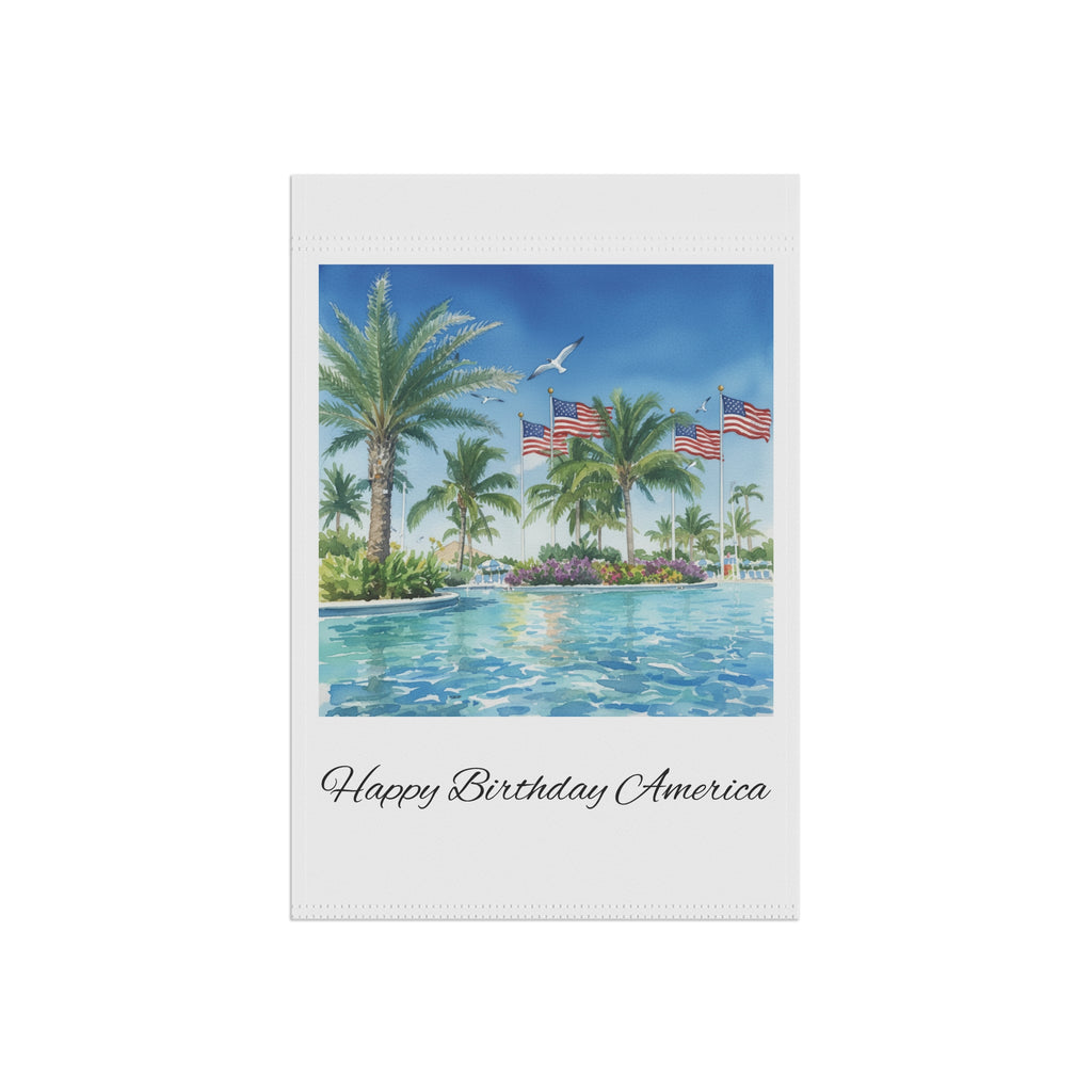 Patriotic Tropical Garden Flag — "Happy Birthday America" Poolside Banner