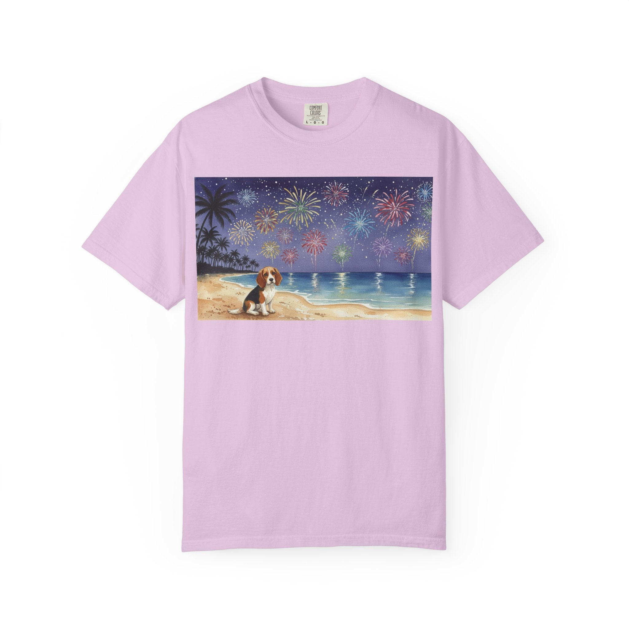 Beach Night Fireworks T‑Shirt with Dog Scene — Summer Holiday Tee