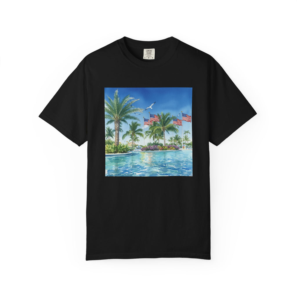 Tropical Pool Paradise T-Shirt — Palm Trees & Flags Summer Graphic Tee
