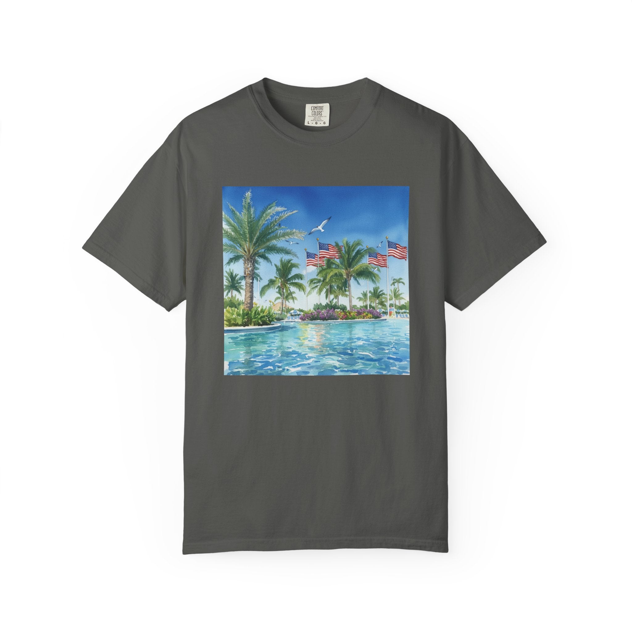 Tropical Pool Paradise T-Shirt — Palm Trees & Flags Summer Graphic Tee