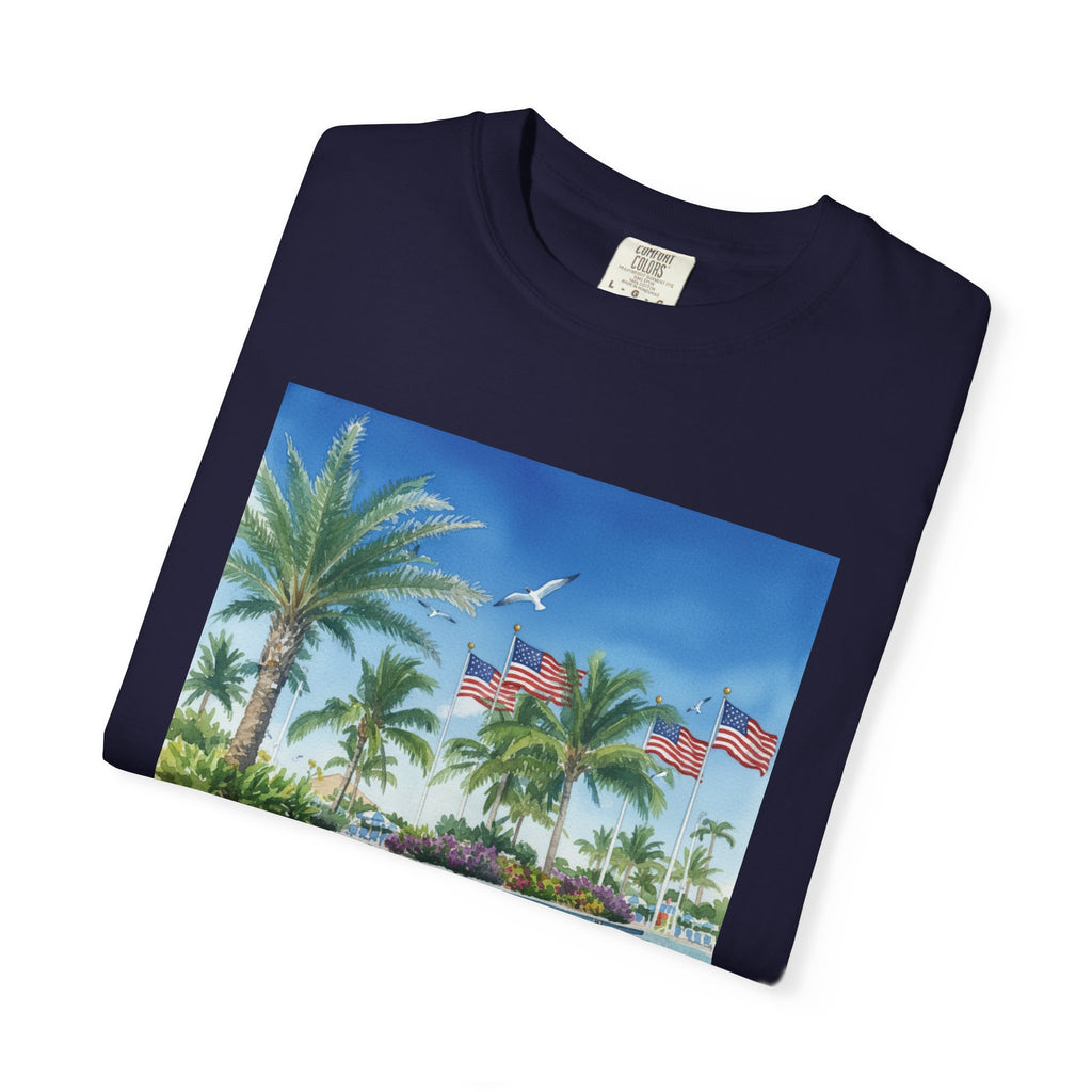 Tropical Pool Paradise T-Shirt — Palm Trees & Flags Summer Graphic Tee