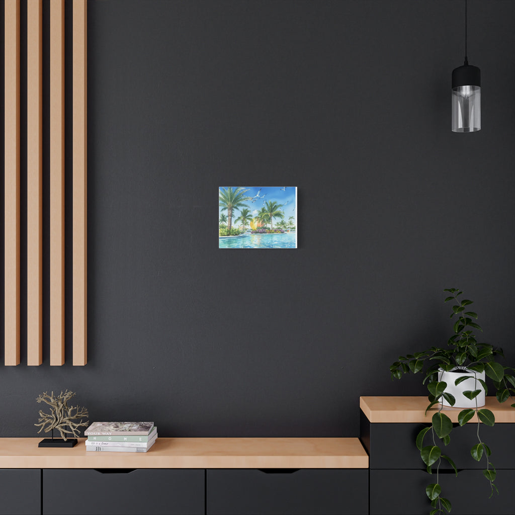 Tropical Beach Canvas Wall Art — Palm Trees, Seagulls & Sunset Pool Scene