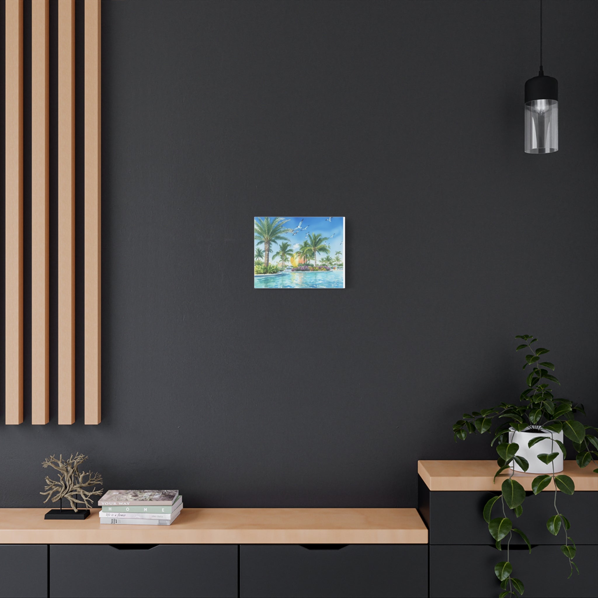 Tropical Beach Canvas Wall Art — Palm Trees, Seagulls & Sunset Pool Scene