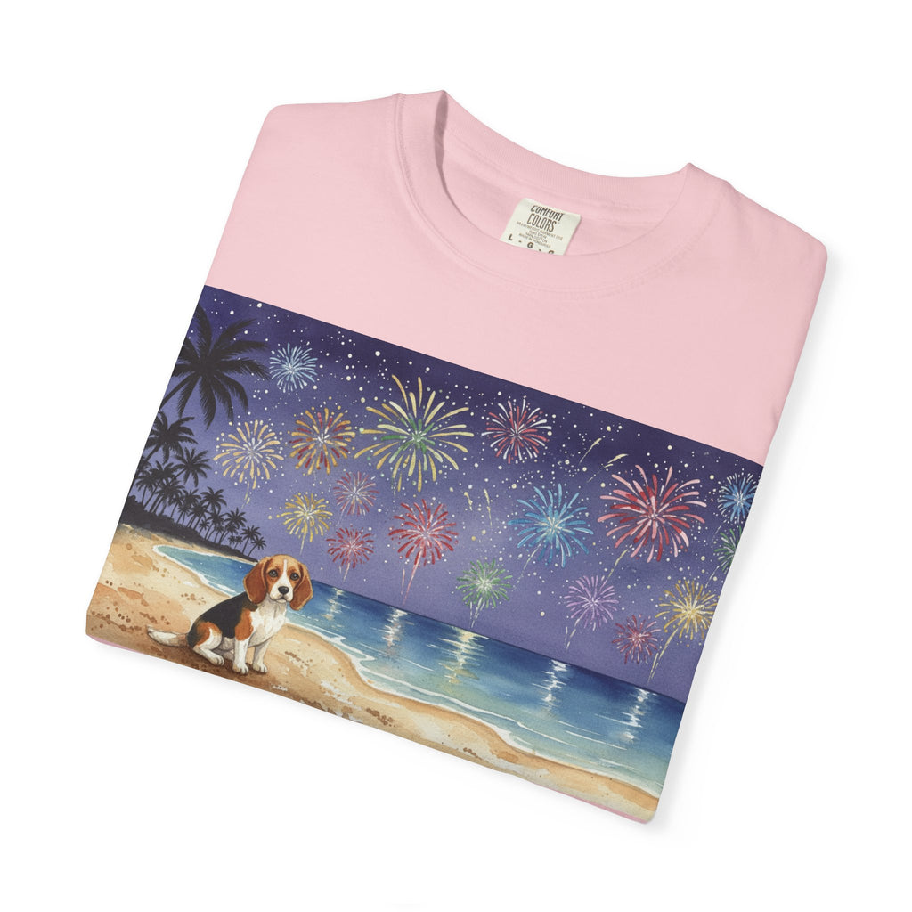 Beach Night Fireworks T‑Shirt with Dog Scene — Summer Holiday Tee