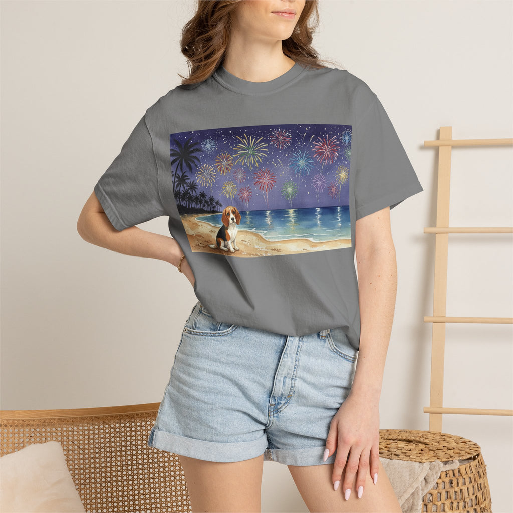 Beach Night Fireworks T‑Shirt with Dog Scene — Summer Holiday Tee