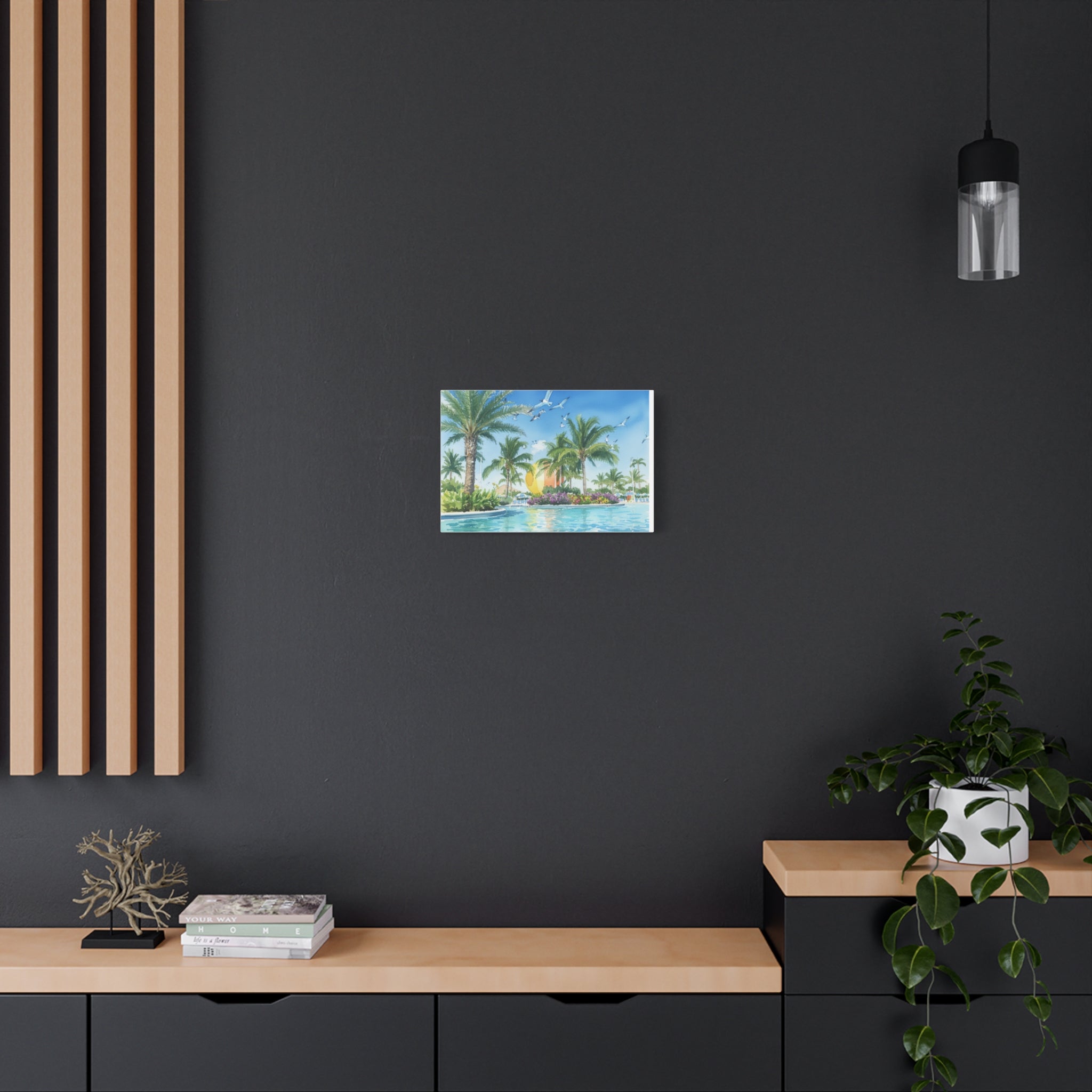 Tropical Beach Canvas Wall Art — Palm Trees, Seagulls & Sunset Pool Scene