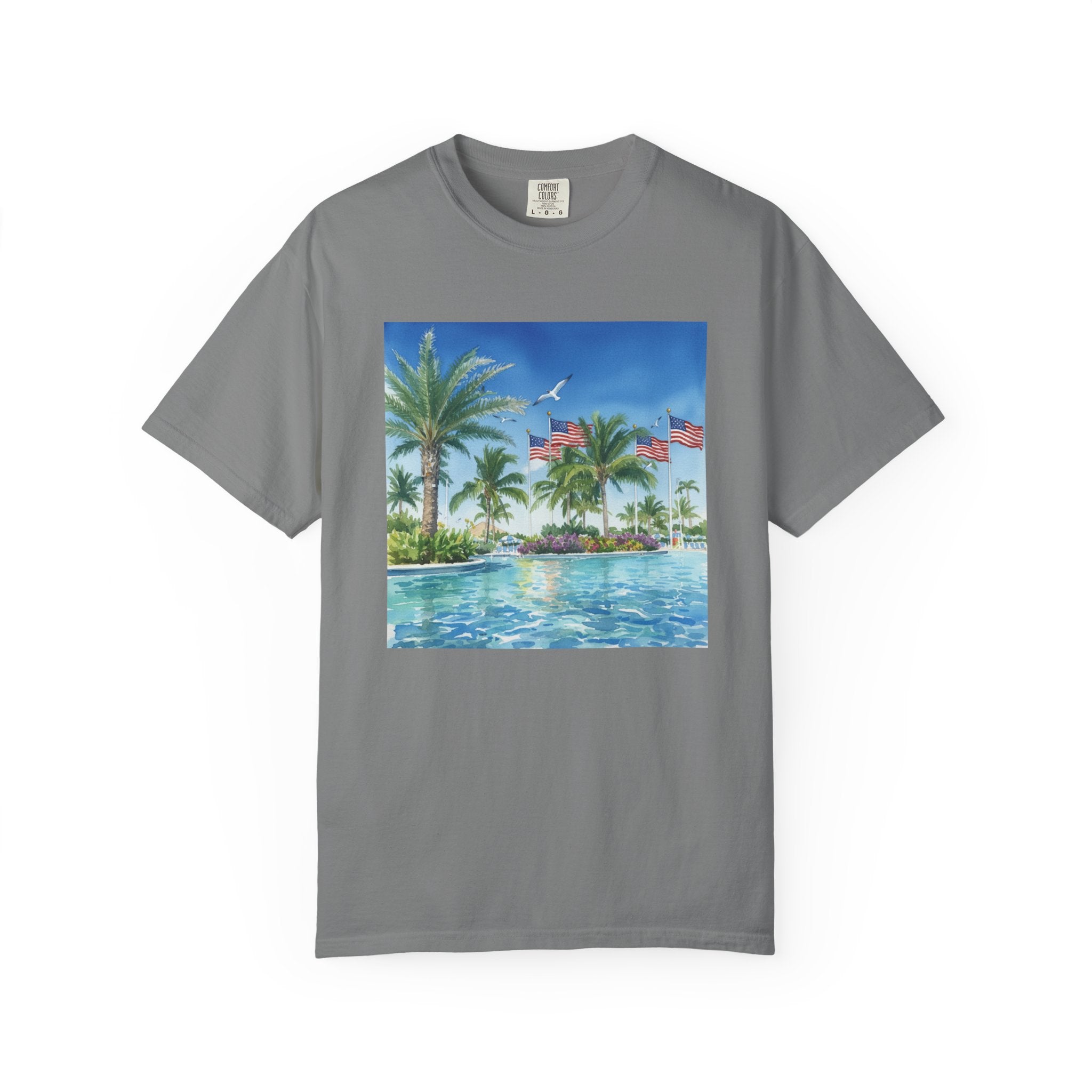 Tropical Pool Paradise T-Shirt — Palm Trees & Flags Summer Graphic Tee