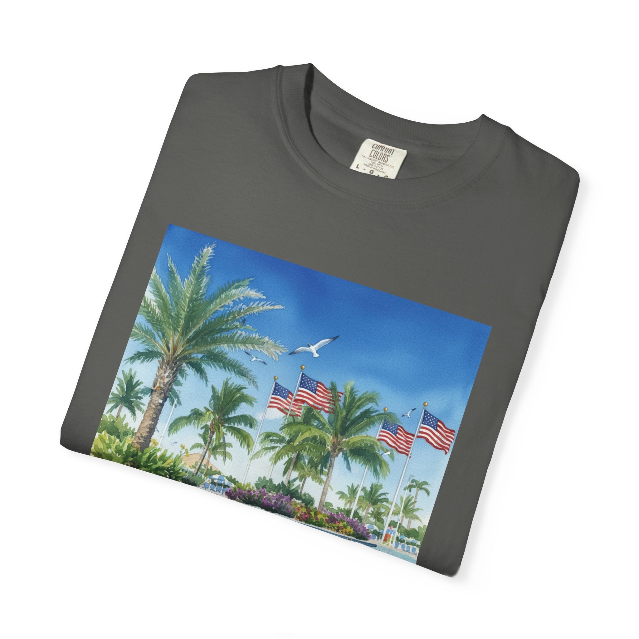 Tropical Pool Paradise T-Shirt — Palm Trees & Flags Summer Graphic Tee