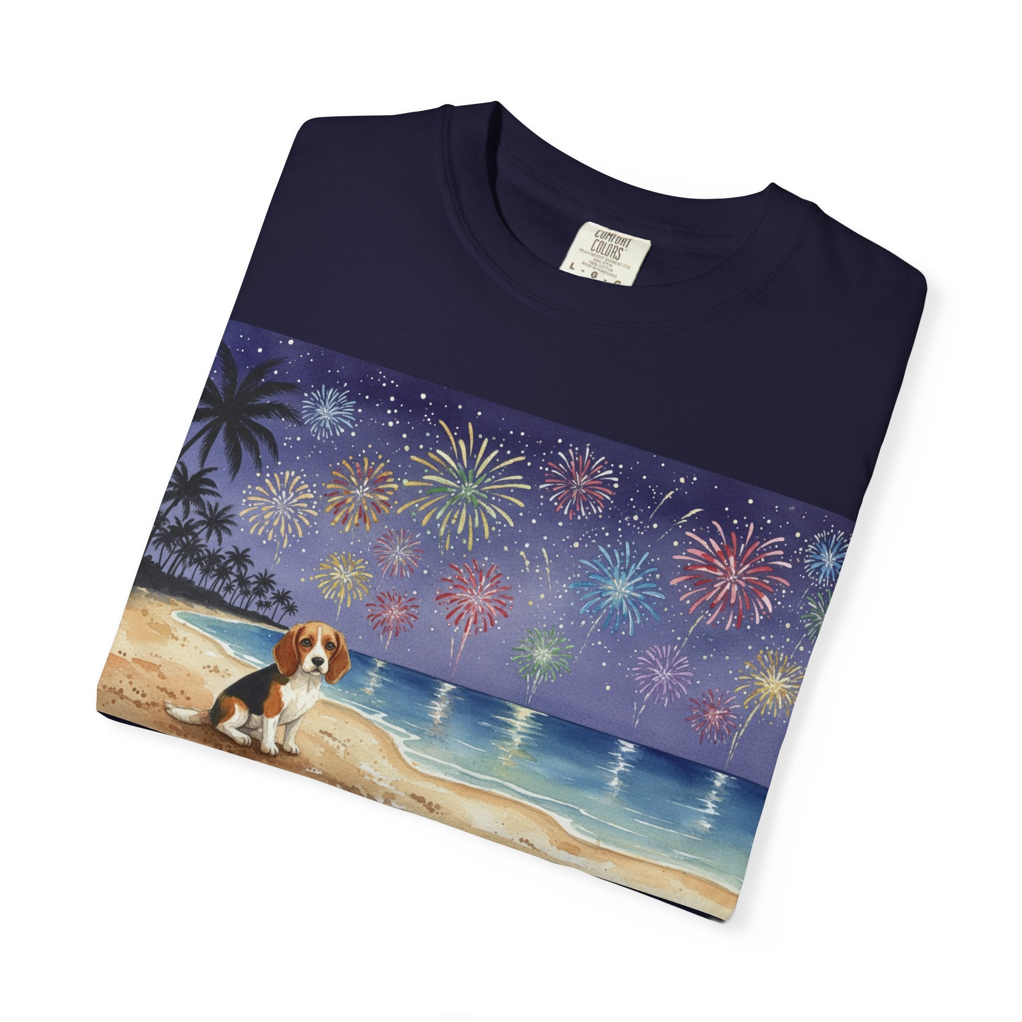 Beach Night Fireworks T‑Shirt with Dog Scene — Summer Holiday Tee