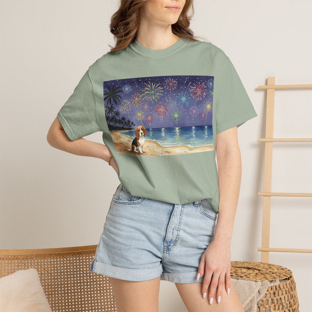 Beach Night Fireworks T‑Shirt with Dog Scene — Summer Holiday Tee