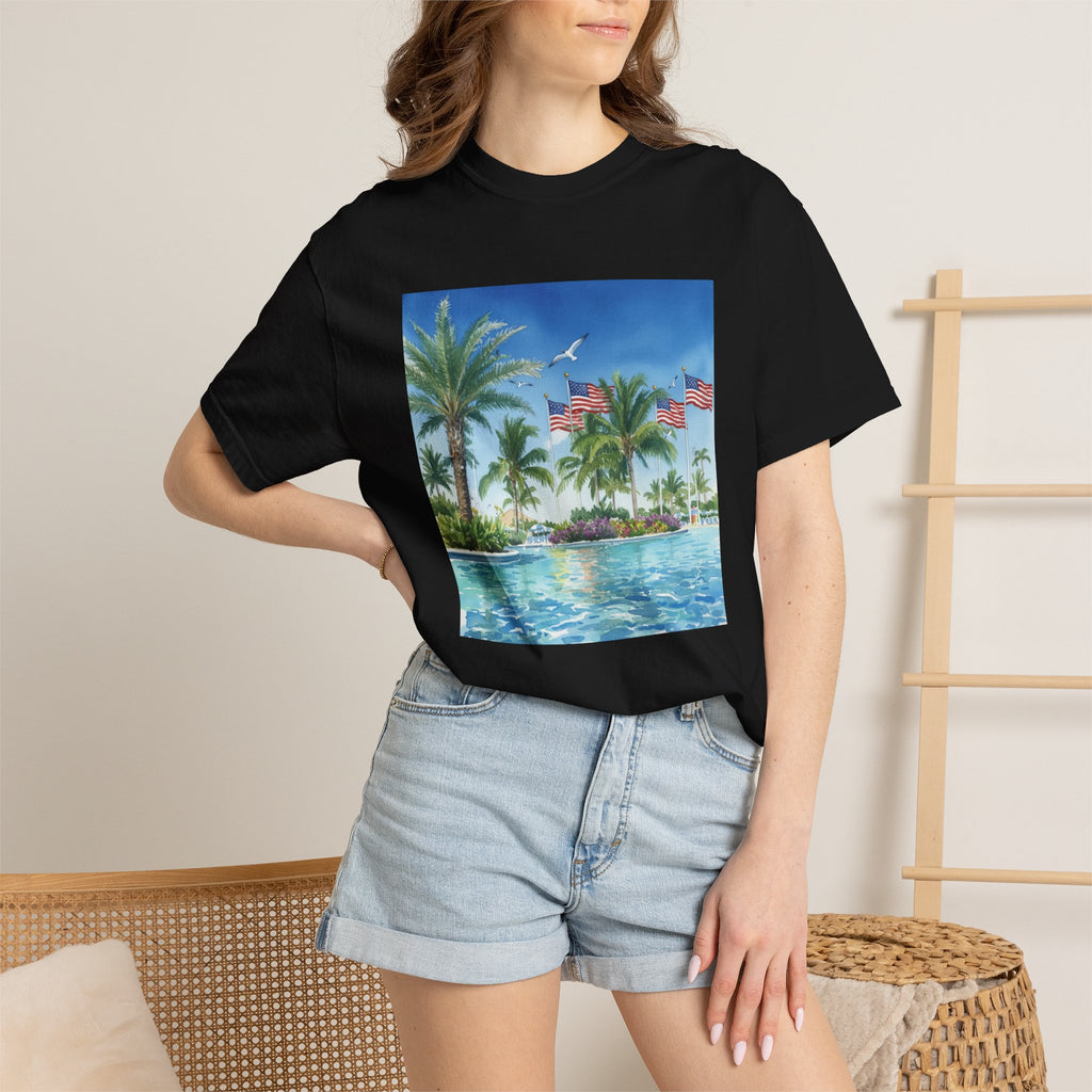 Tropical Pool Paradise T-Shirt — Palm Trees & Flags Summer Graphic Tee