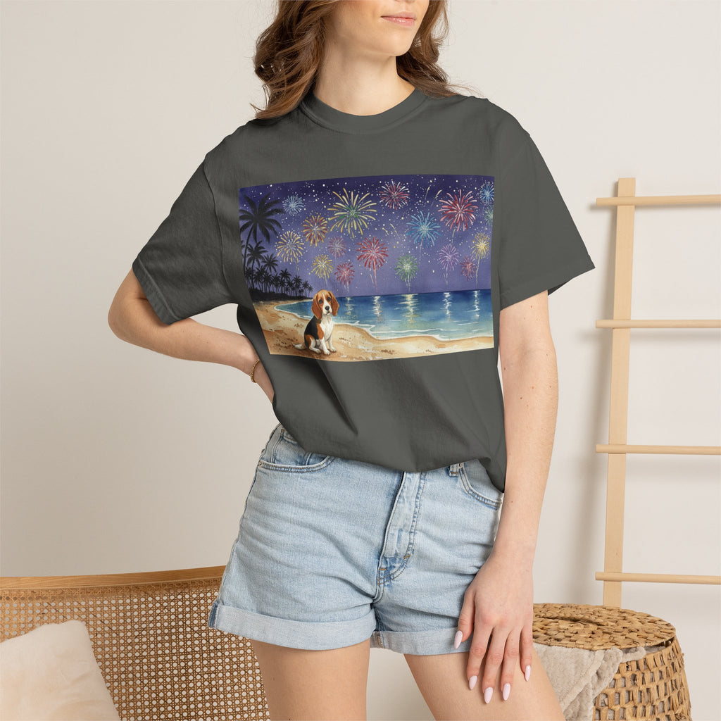 Beach Night Fireworks T‑Shirt with Dog Scene — Summer Holiday Tee