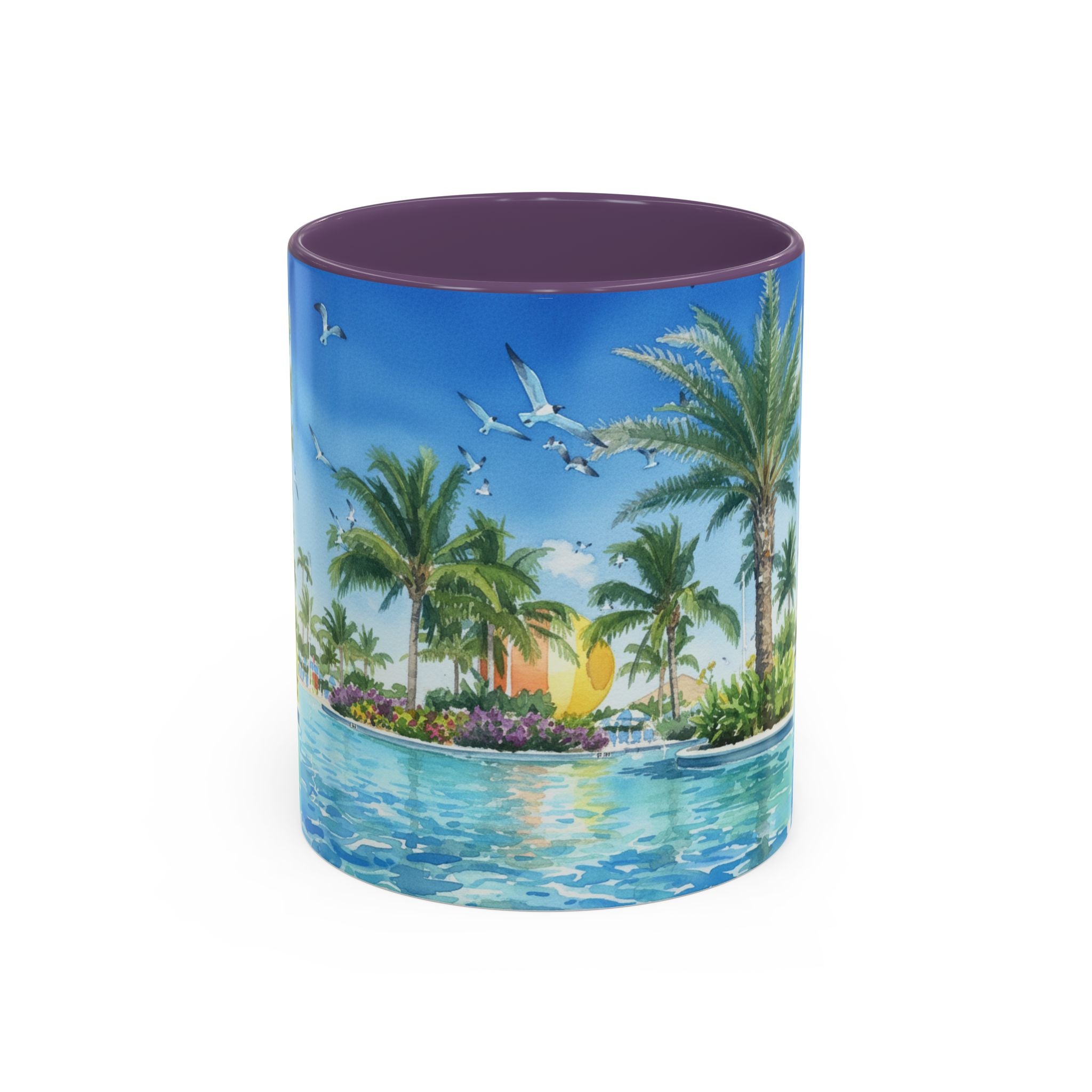 Tropical Palm Beach Coffee Mug — Sunset Seagulls Accent Mug (11/15oz)