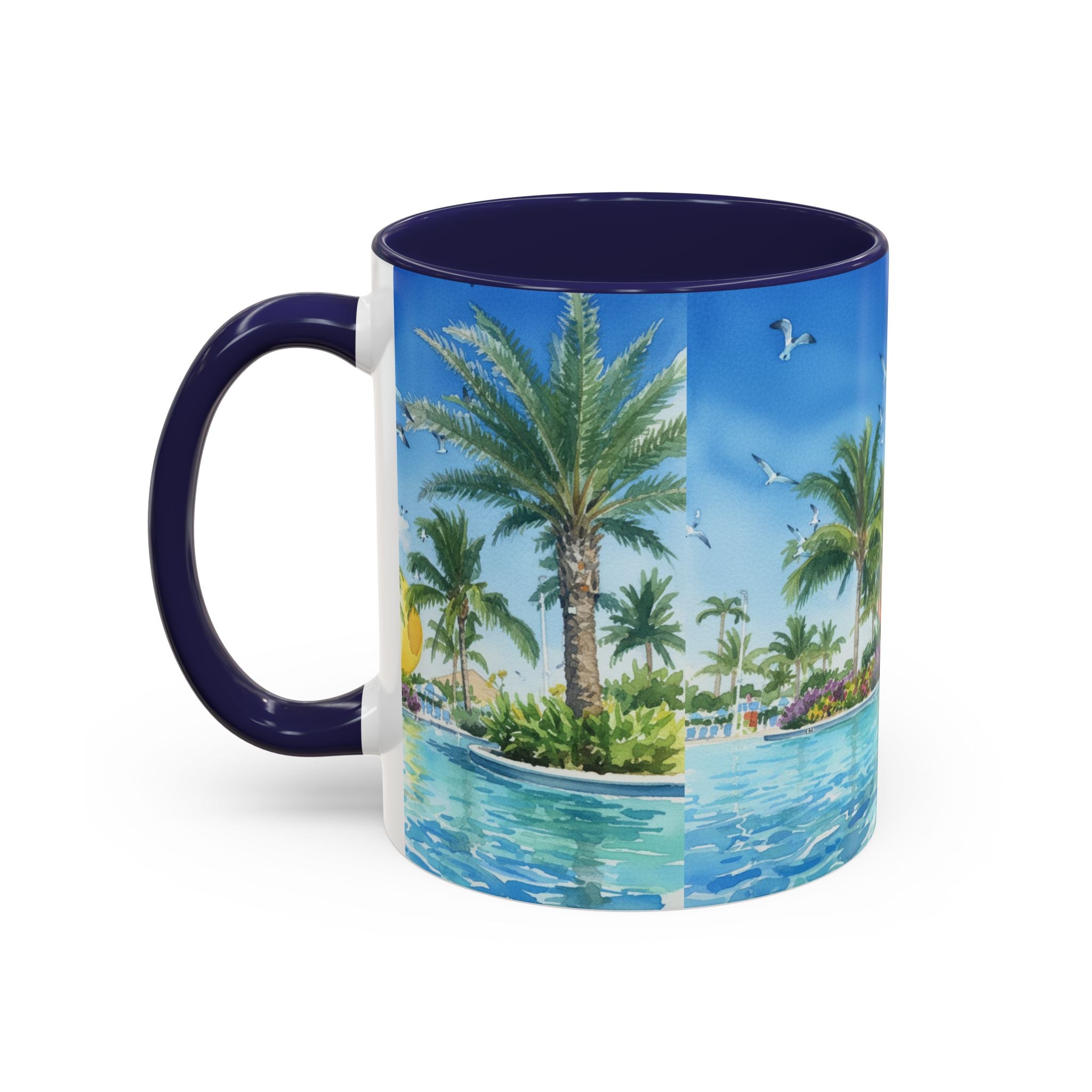 Tropical Palm Beach Coffee Mug — Sunset Seagulls Accent Mug (11/15oz)