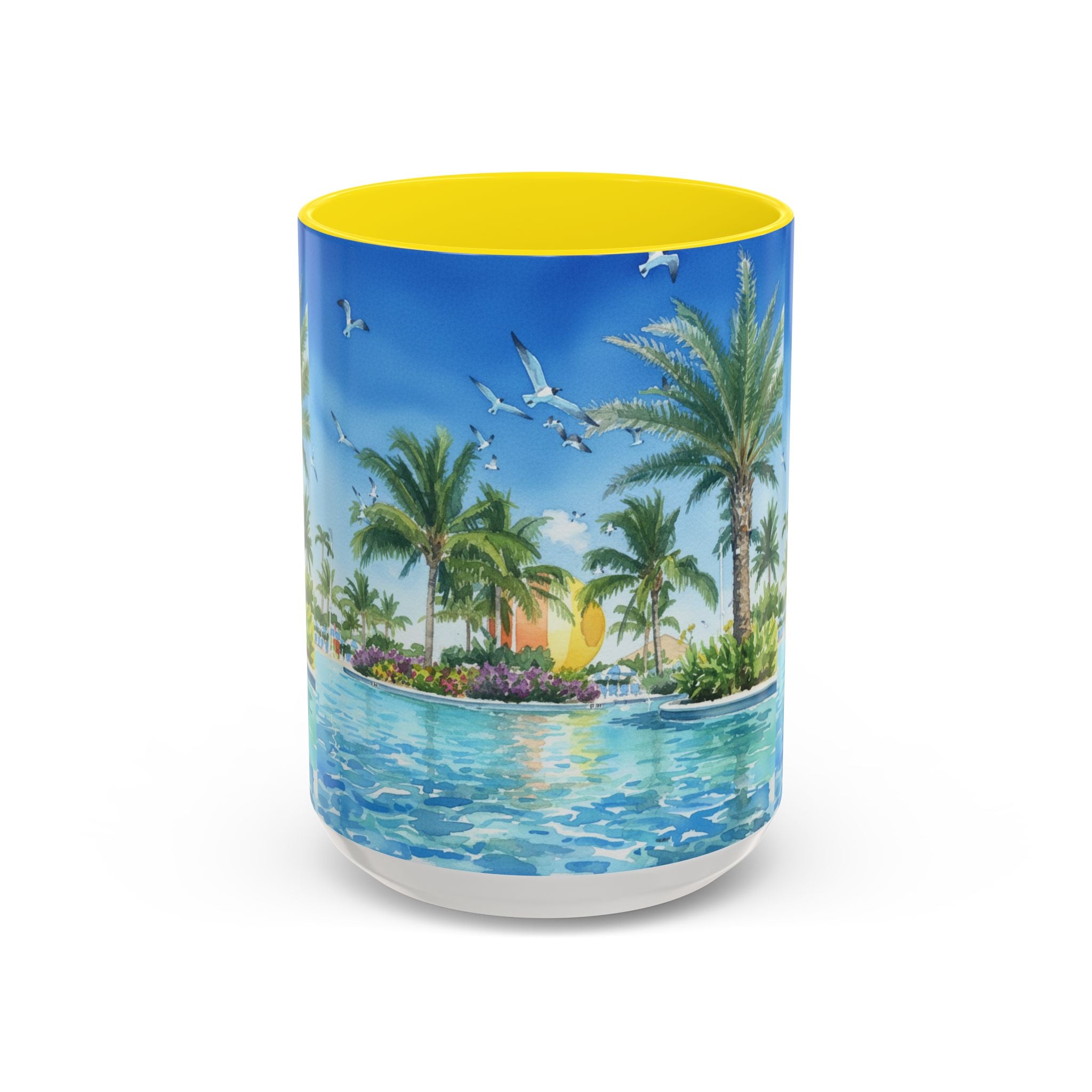Tropical Palm Beach Coffee Mug — Sunset Seagulls Accent Mug (11/15oz)