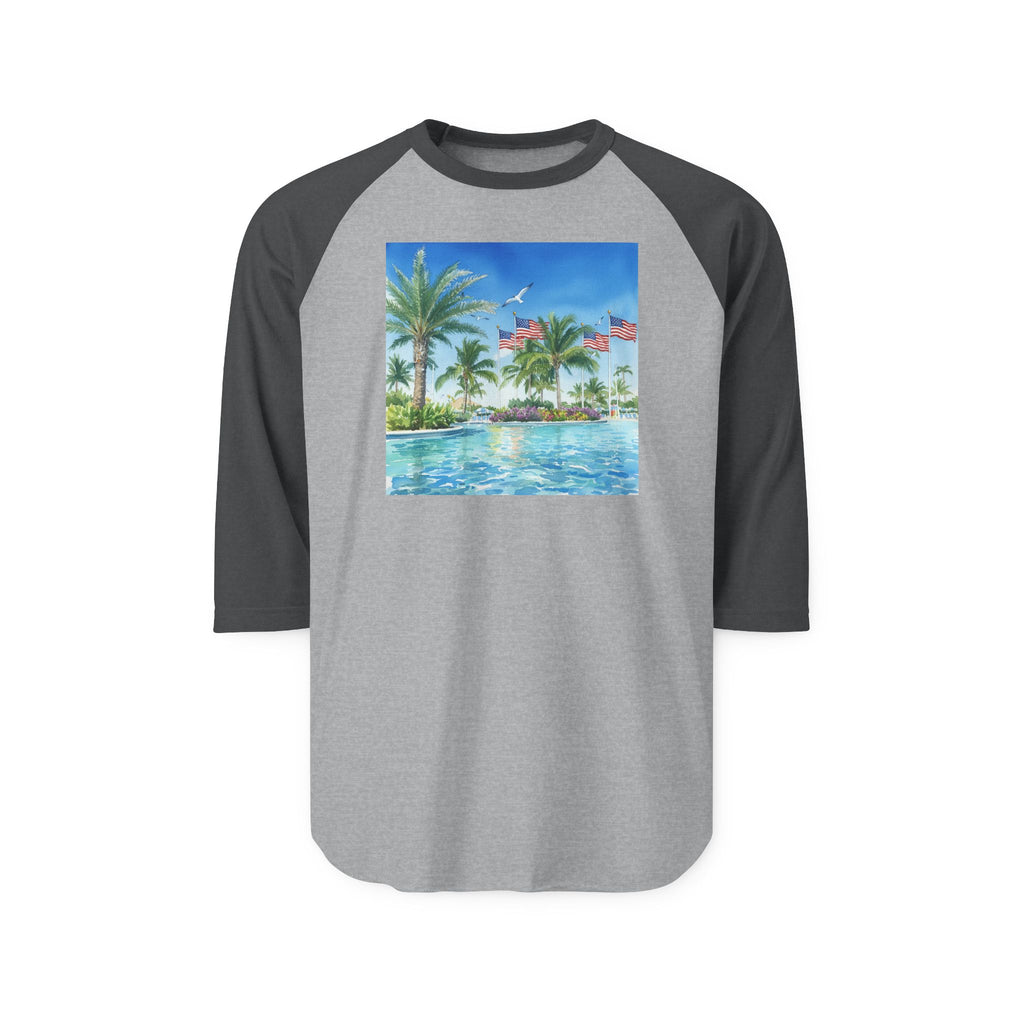 Tropical Poolside Raglan Shirt — Palm Trees & American Flag Beach Design