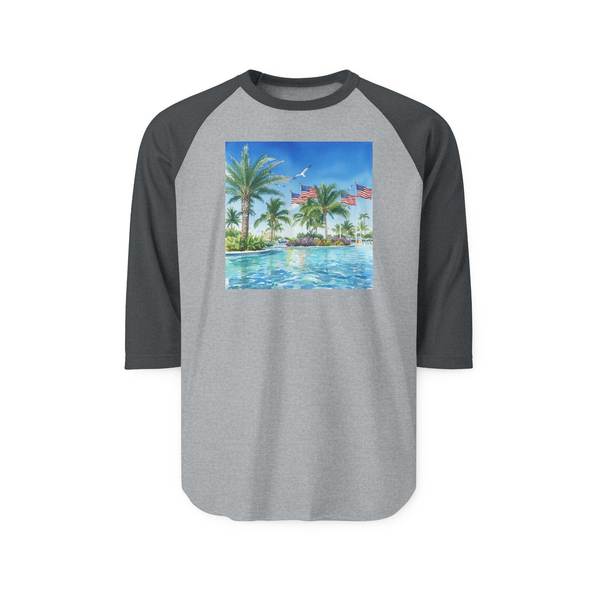 Tropical Poolside Raglan Shirt — Palm Trees & American Flag Beach Design
