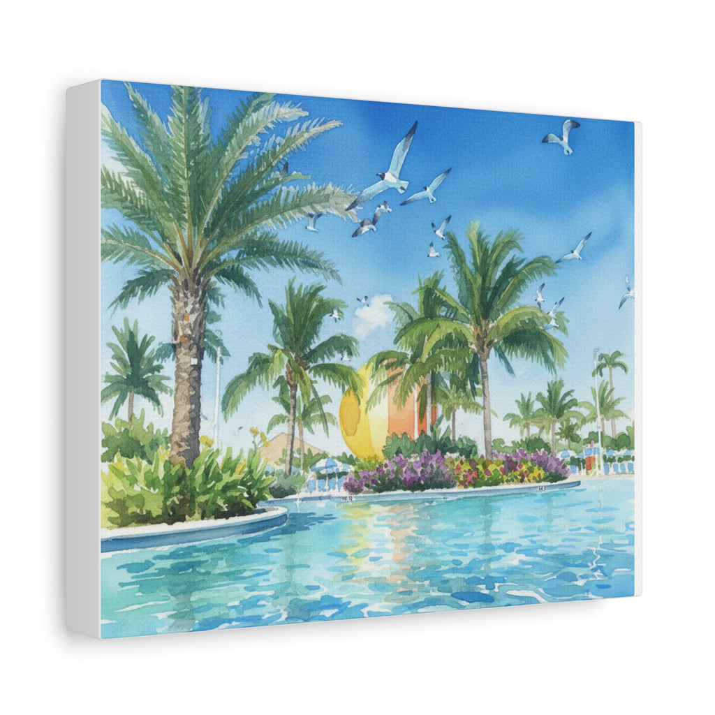 Tropical Beach Canvas Wall Art — Palm Trees, Seagulls & Sunset Pool Scene