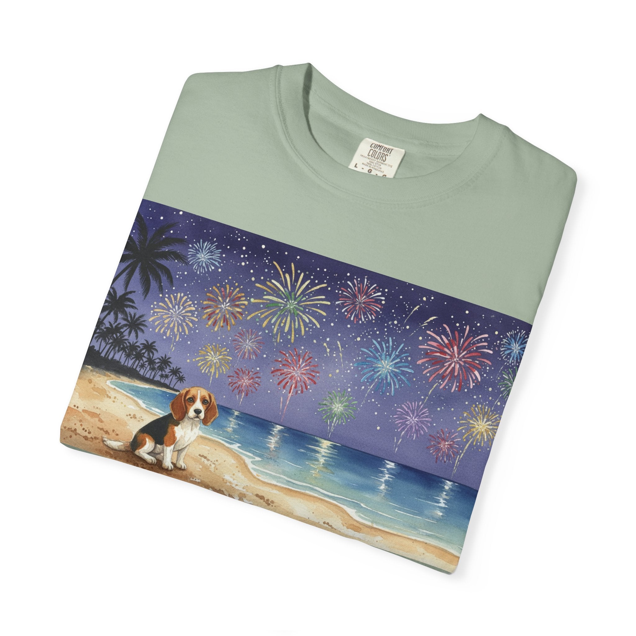 Beach Night Fireworks T‑Shirt with Dog Scene — Summer Holiday Tee