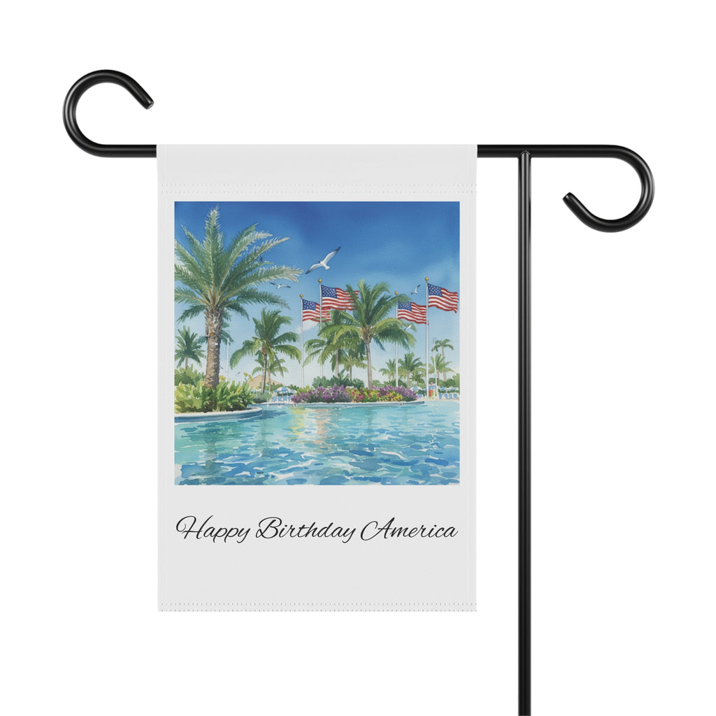 Patriotic Tropical Garden Flag — "Happy Birthday America" Poolside Banner
