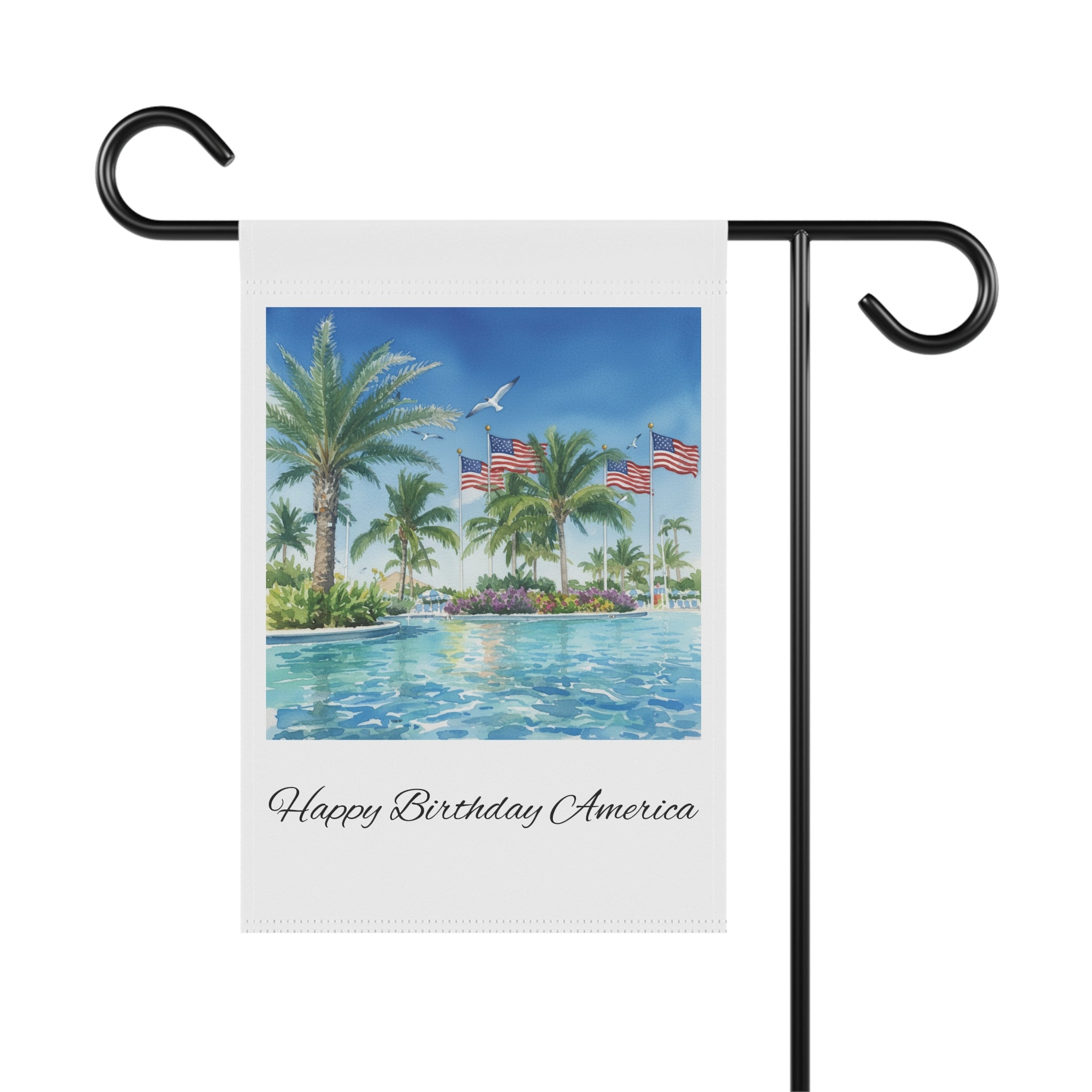 Patriotic Tropical Garden Flag — "Happy Birthday America" Poolside Banner