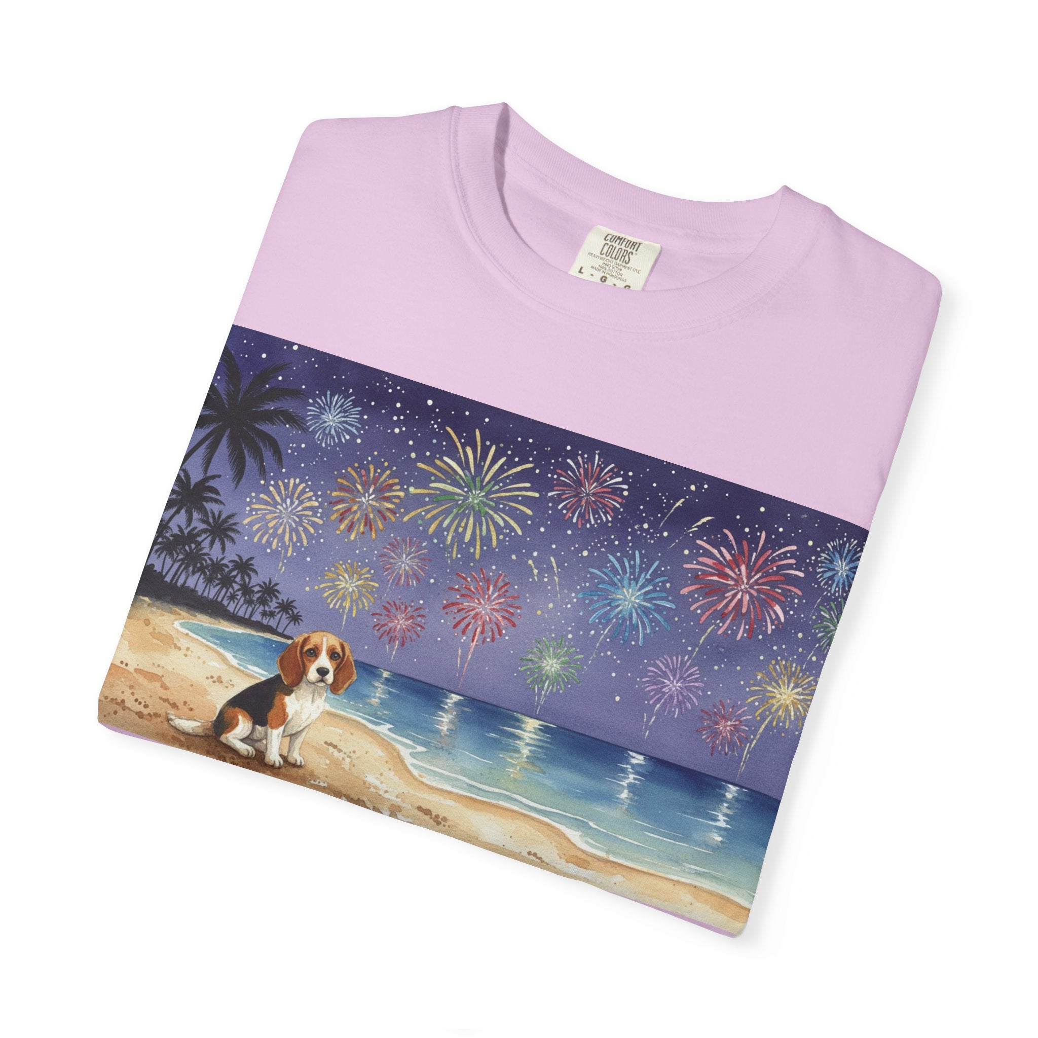 Beach Night Fireworks T‑Shirt with Dog Scene — Summer Holiday Tee