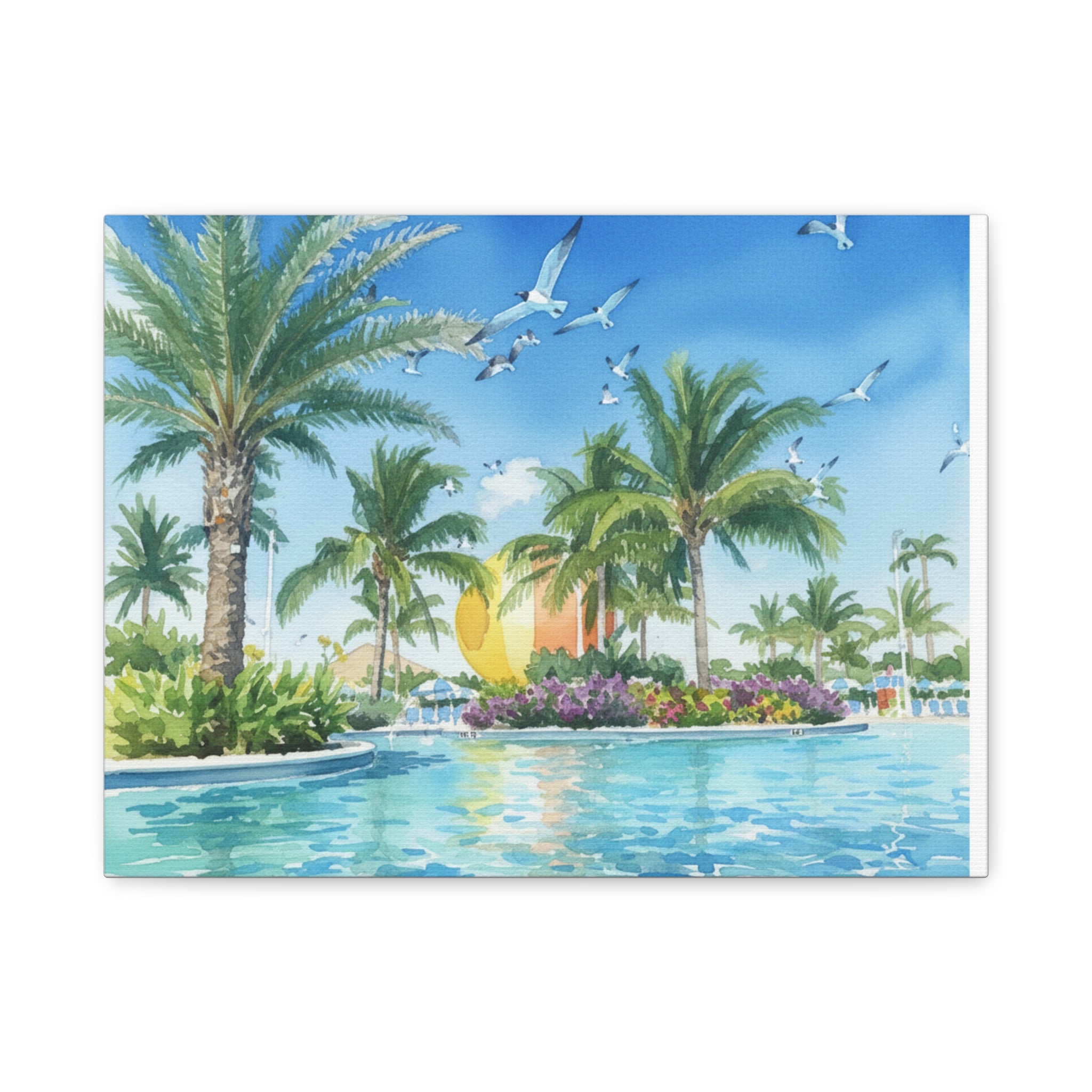 Tropical Beach Canvas Wall Art — Palm Trees, Seagulls & Sunset Pool Scene