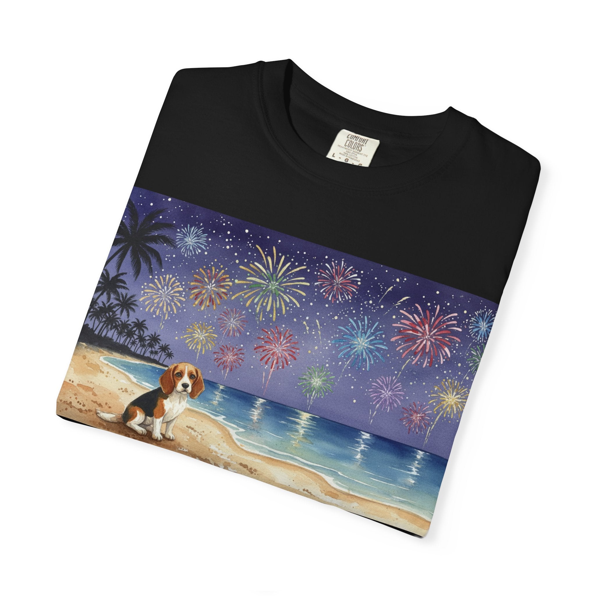 Beach Night Fireworks T‑Shirt with Dog Scene — Summer Holiday Tee