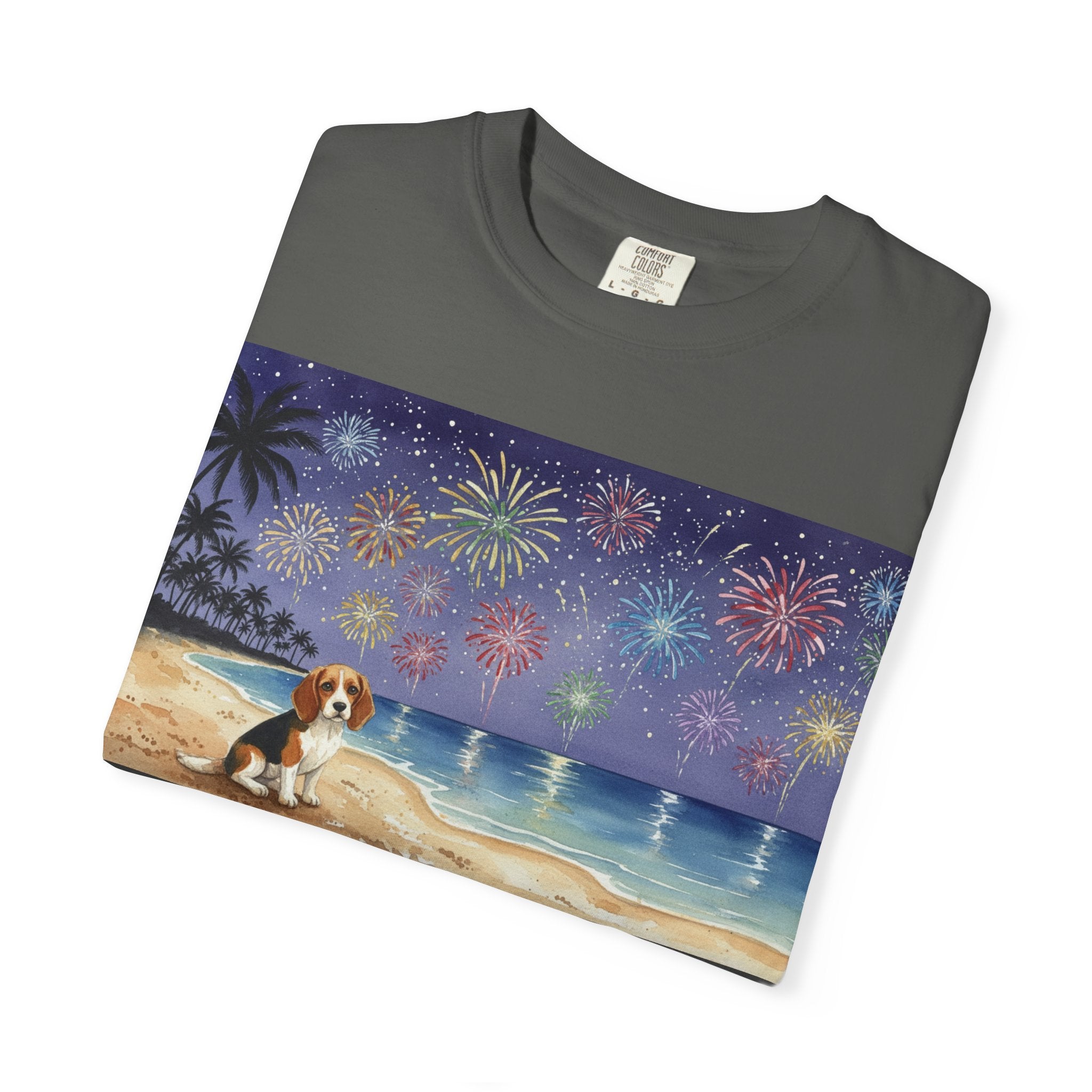 Beach Night Fireworks T‑Shirt with Dog Scene — Summer Holiday Tee