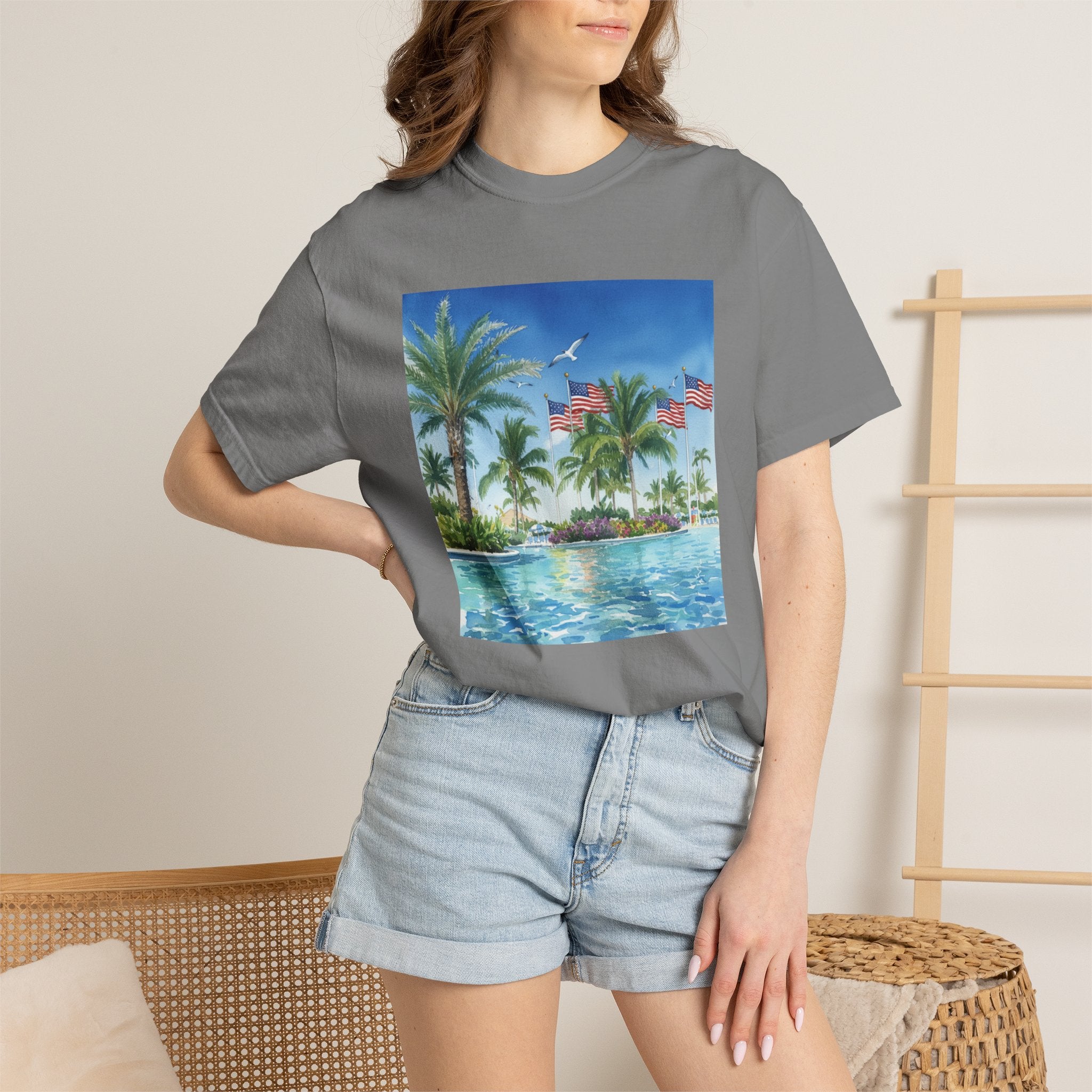 Tropical Pool Paradise T-Shirt — Palm Trees & Flags Summer Graphic Tee