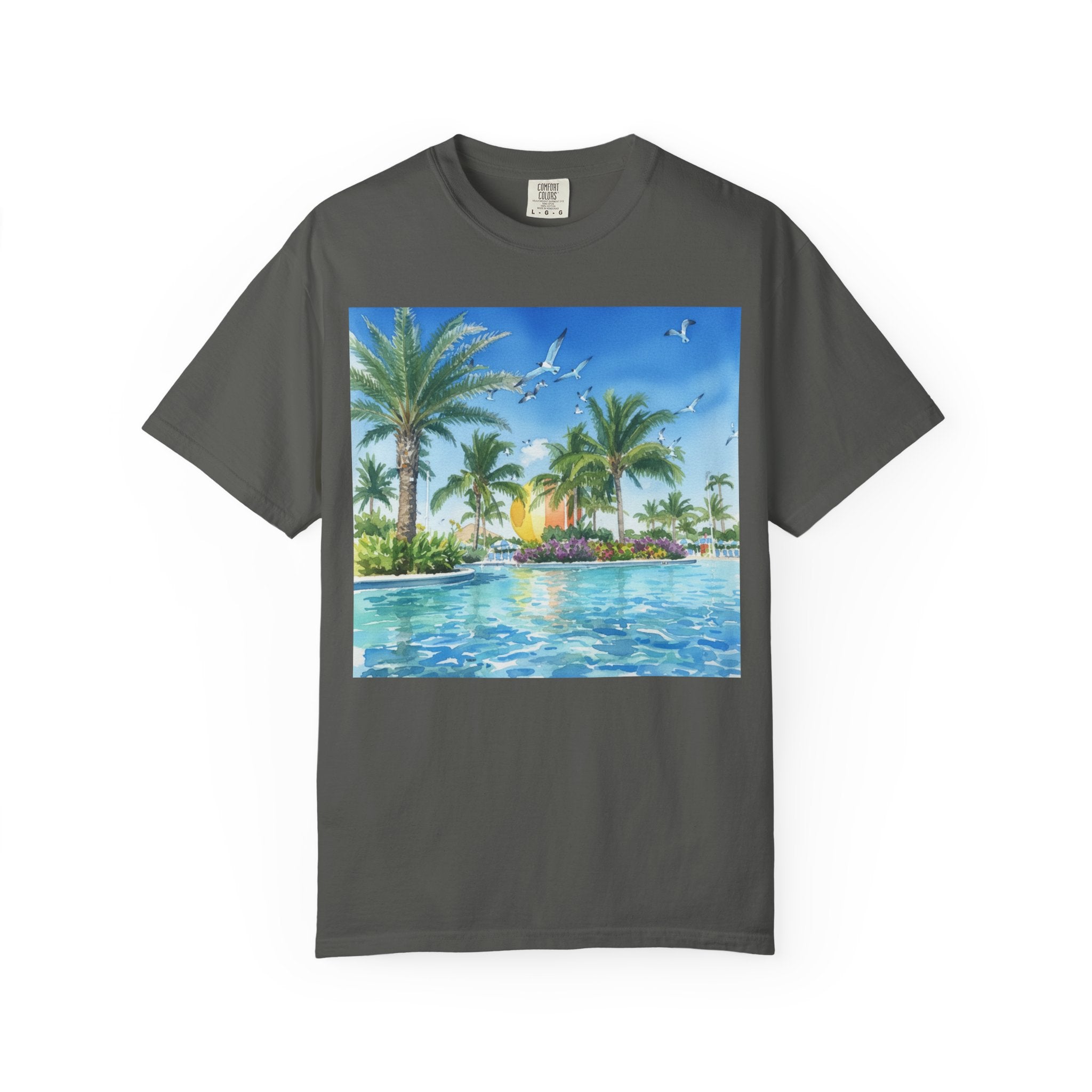 Tropical Poolside T-Shirt — Palm Trees & Sunset Swim Graphic Tee